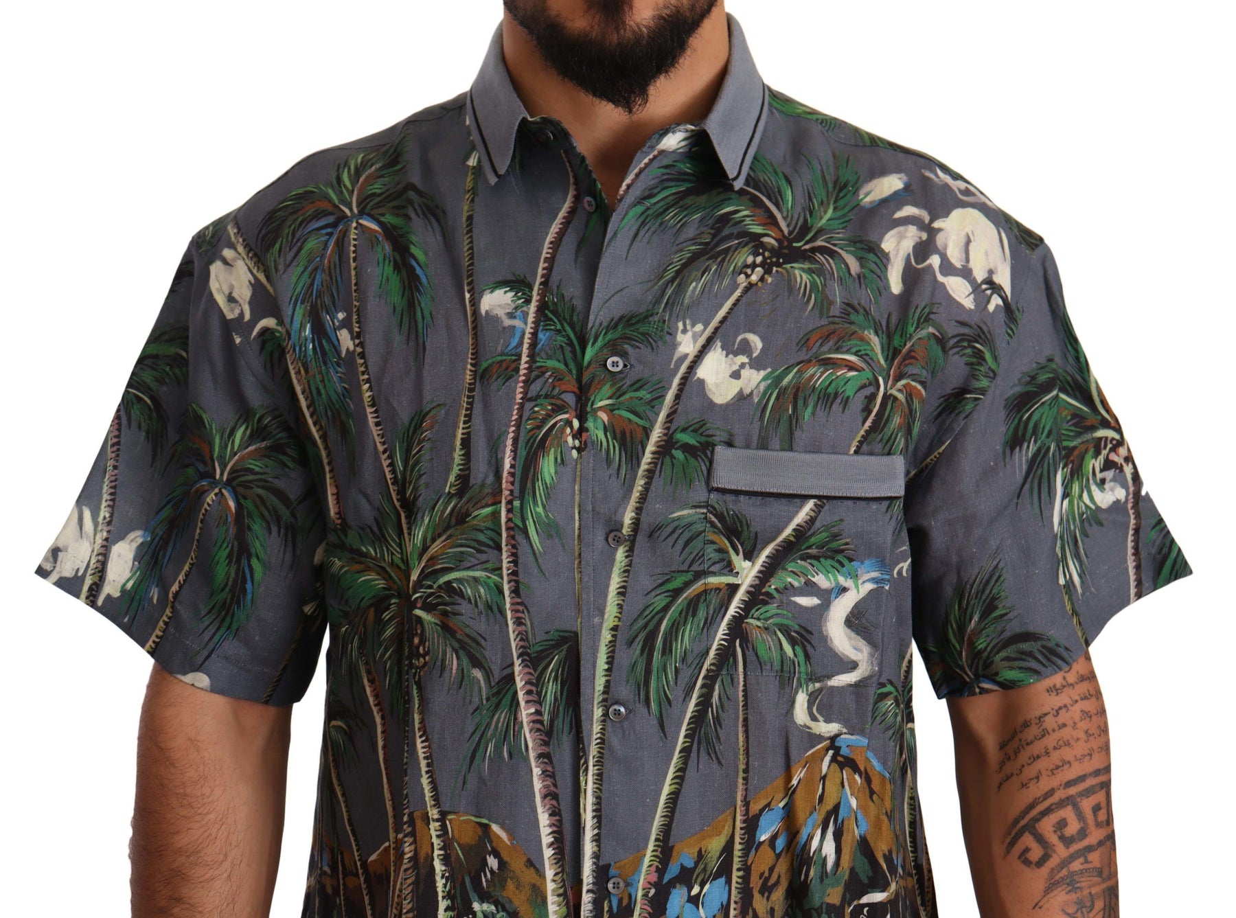 Dolce & Gabbana Gray Linen Tropical Print Collared Shirt | Regal Royce