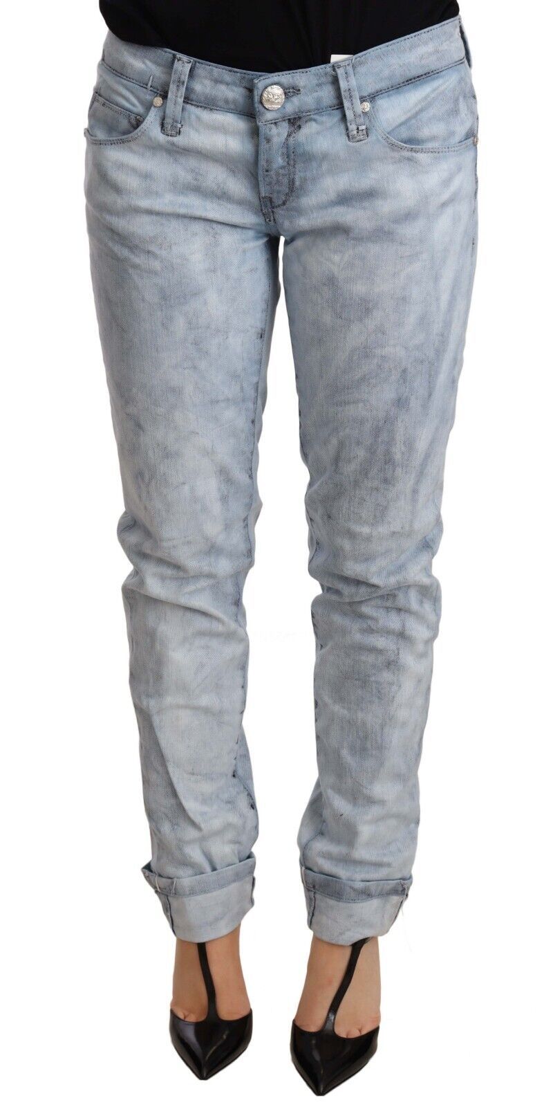 Acht Light Blue Washed Cotton Folded Hem Denim Trouser | Regal Royce