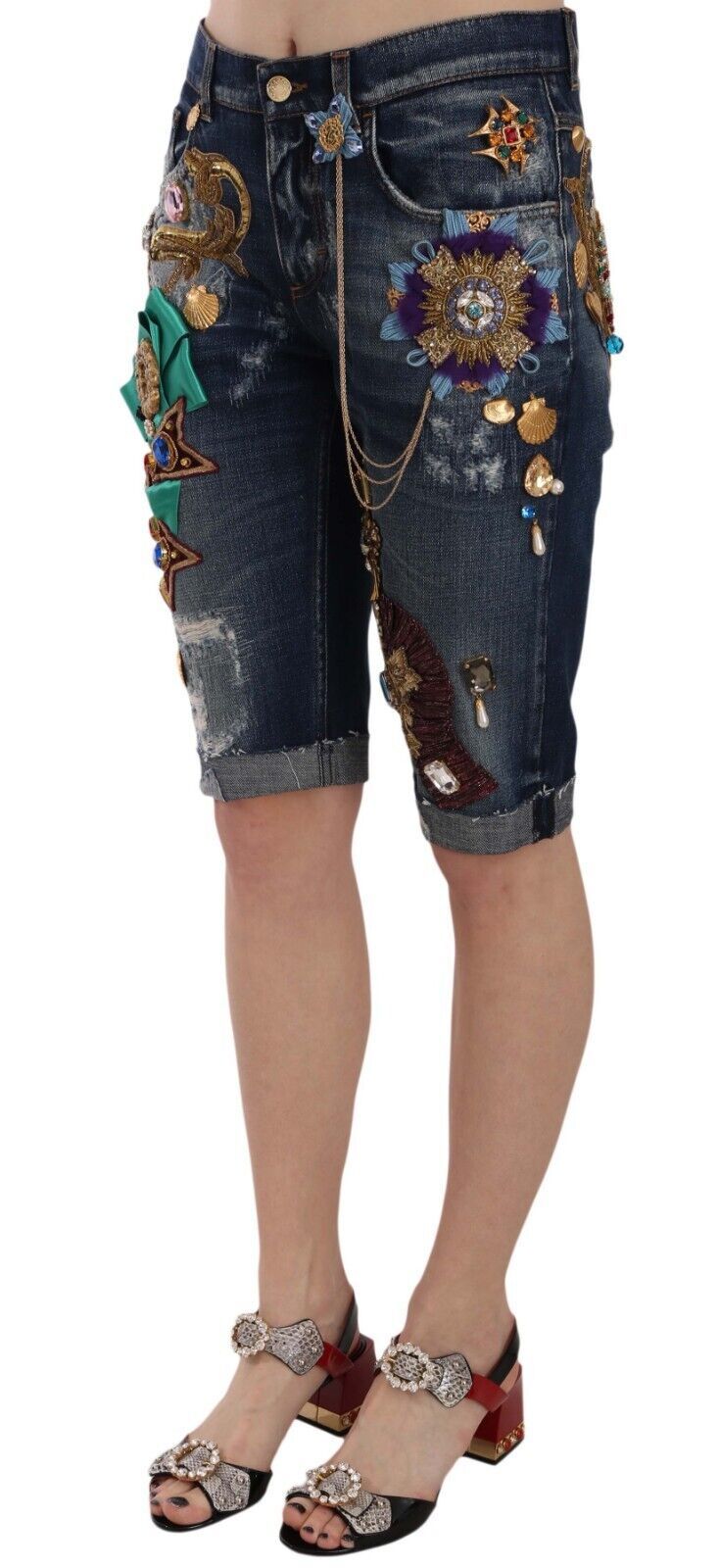 Dolce & Gabbana Blue Denim Mid Waist Crystal Capri Shorts | Regal Royce
