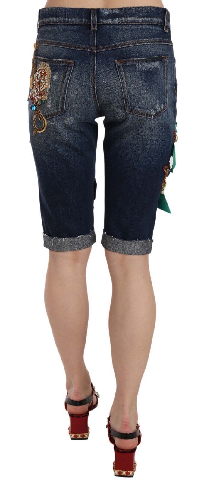 Dolce & Gabbana Blue Denim Mid Waist Crystal Capri Shorts | Regal Royce