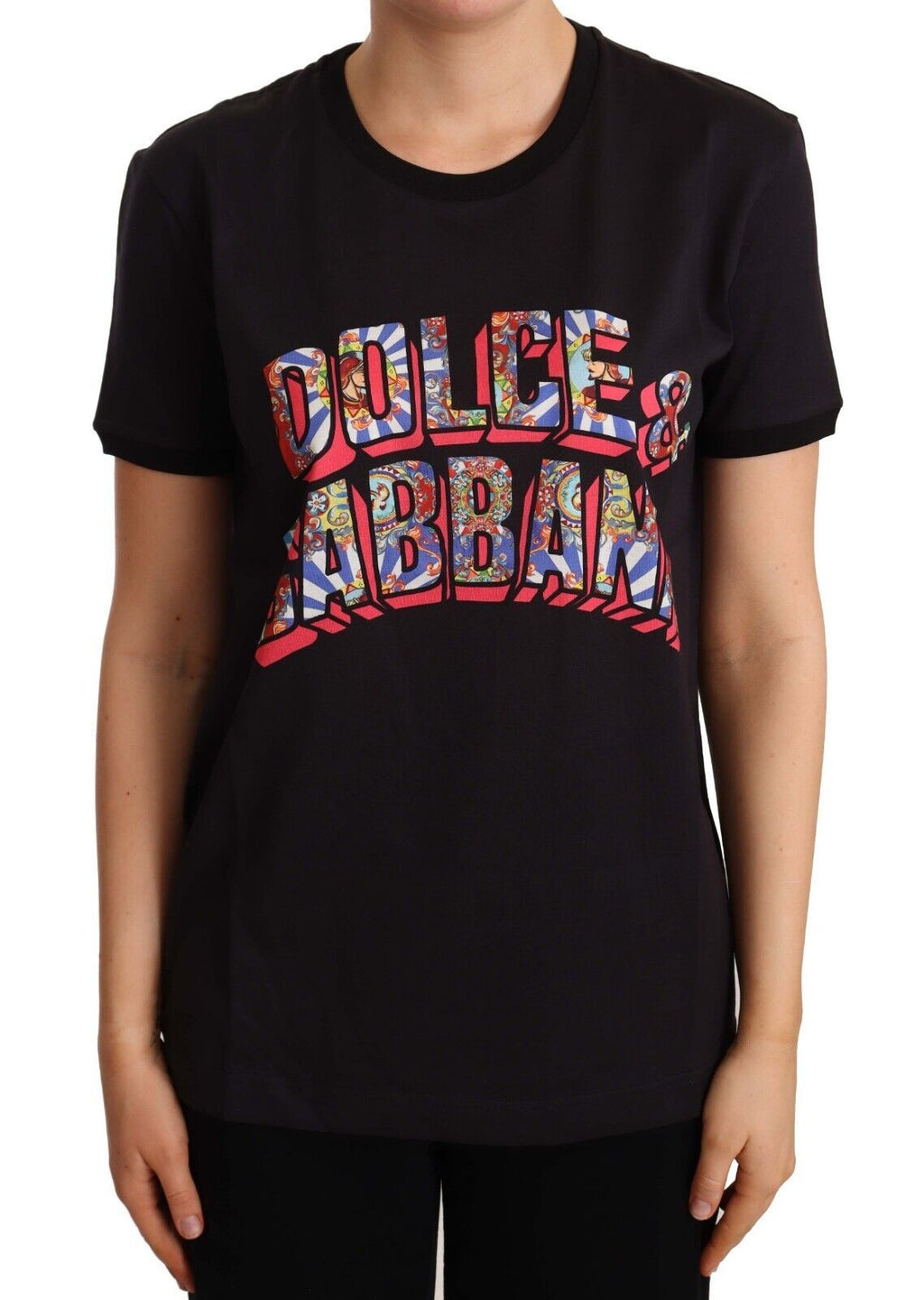 Dolce & Gabbana Black Cotton Large Print Top Crewneck T-shirt