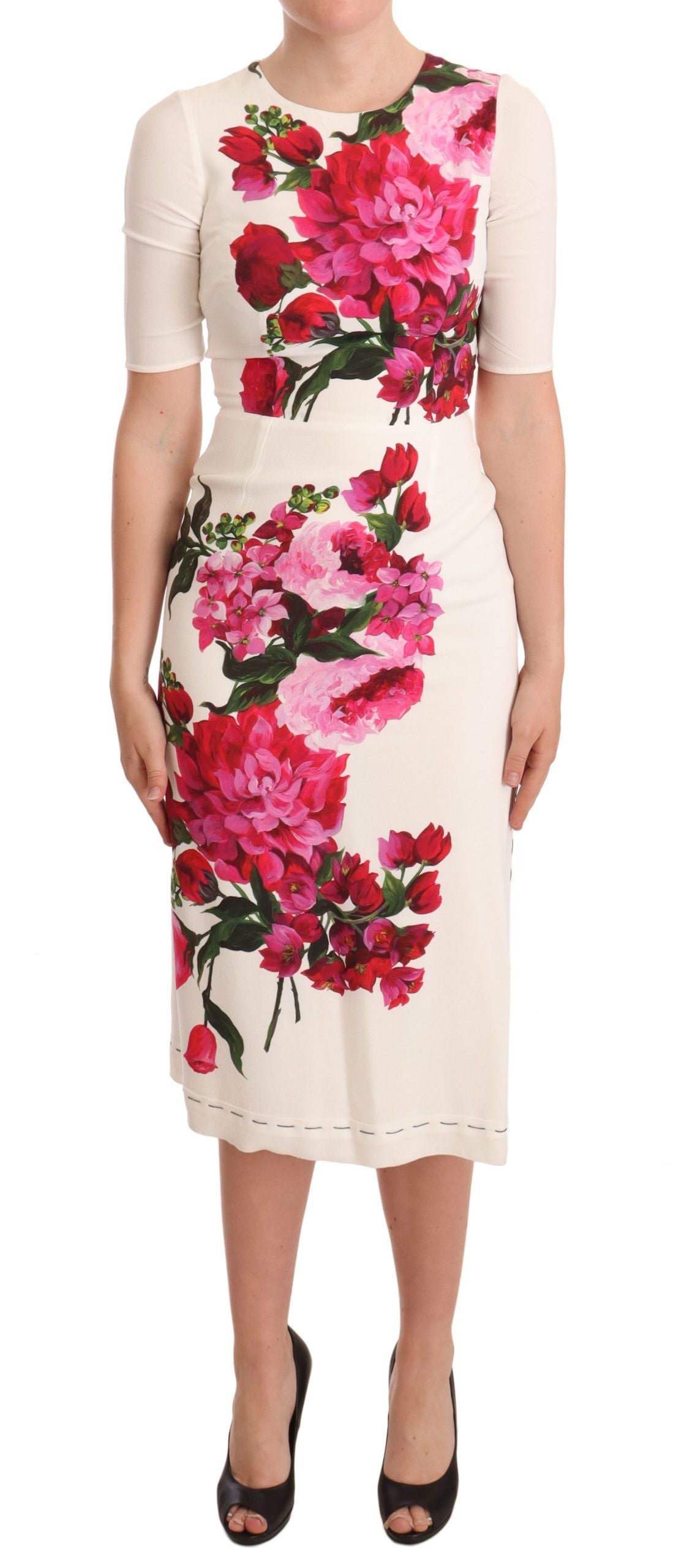 Dolce & Gabbana White Floral Printed Crepe Midi Slit Dress | Regal Royce