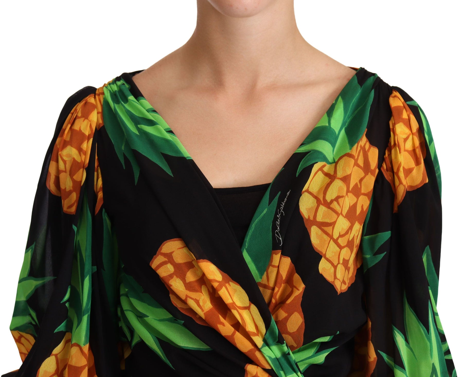 Dolce & Gabbana Black Ananas Print Wrap Stretch Silk Dress | Regal Royce