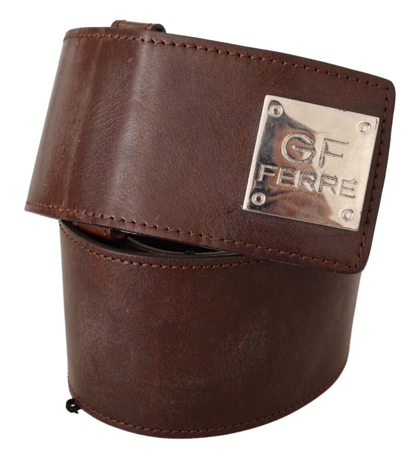 GF Ferre Brown Genuine Leather Wide Logo Buckle Waist Belt | Regal Royce