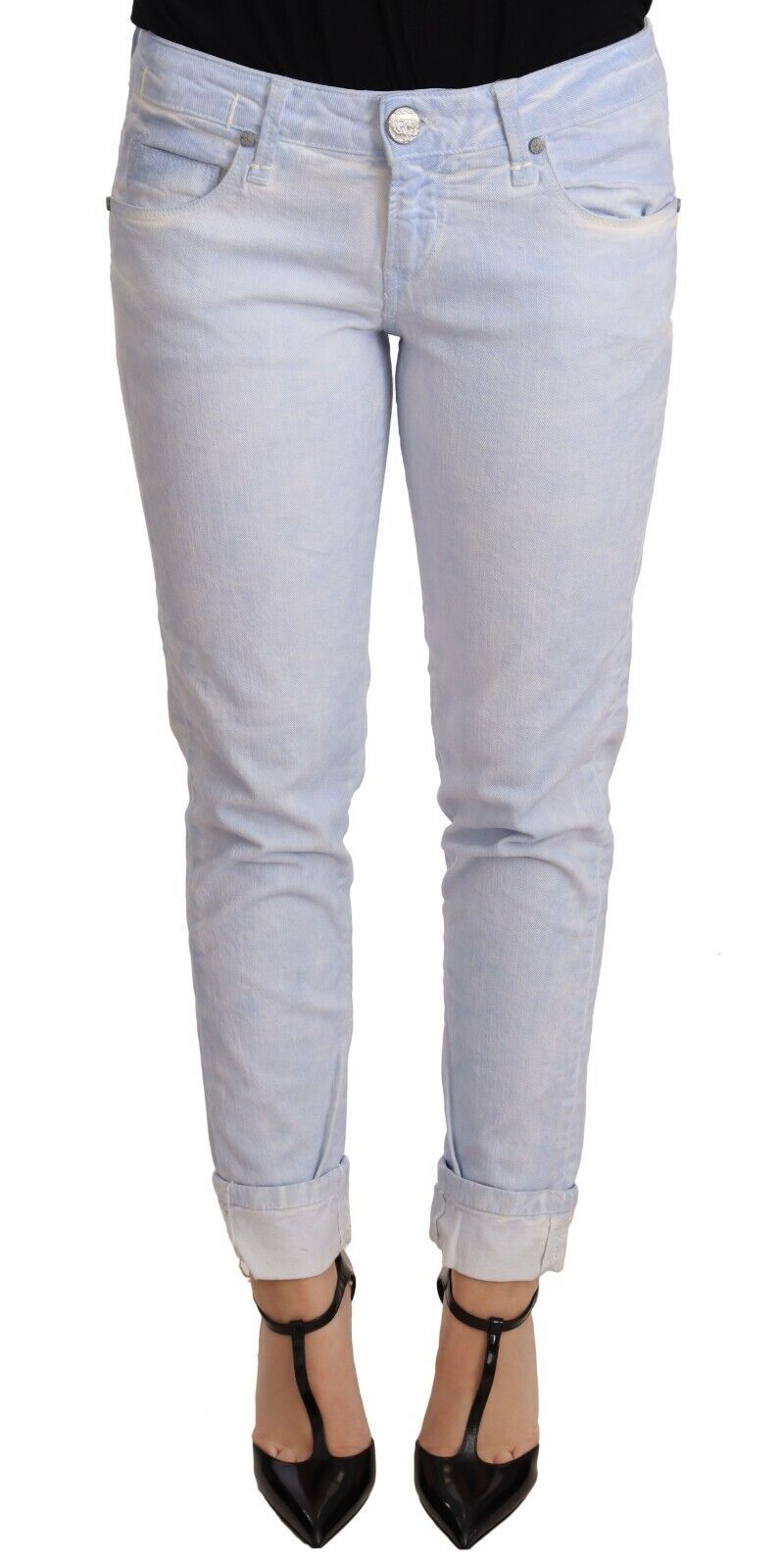 Acht Light Blue Cotton Folded Hem Denim Skinny Women Trouser Jeans | Regal Royce