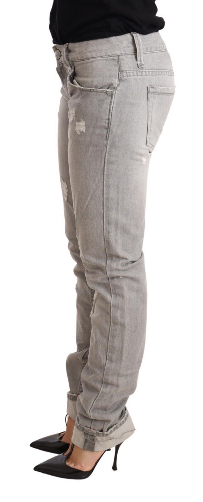 Acht Gray Tattered Cotton Slim Fit Folded Hem Women Denim Jeans | Regal Royce