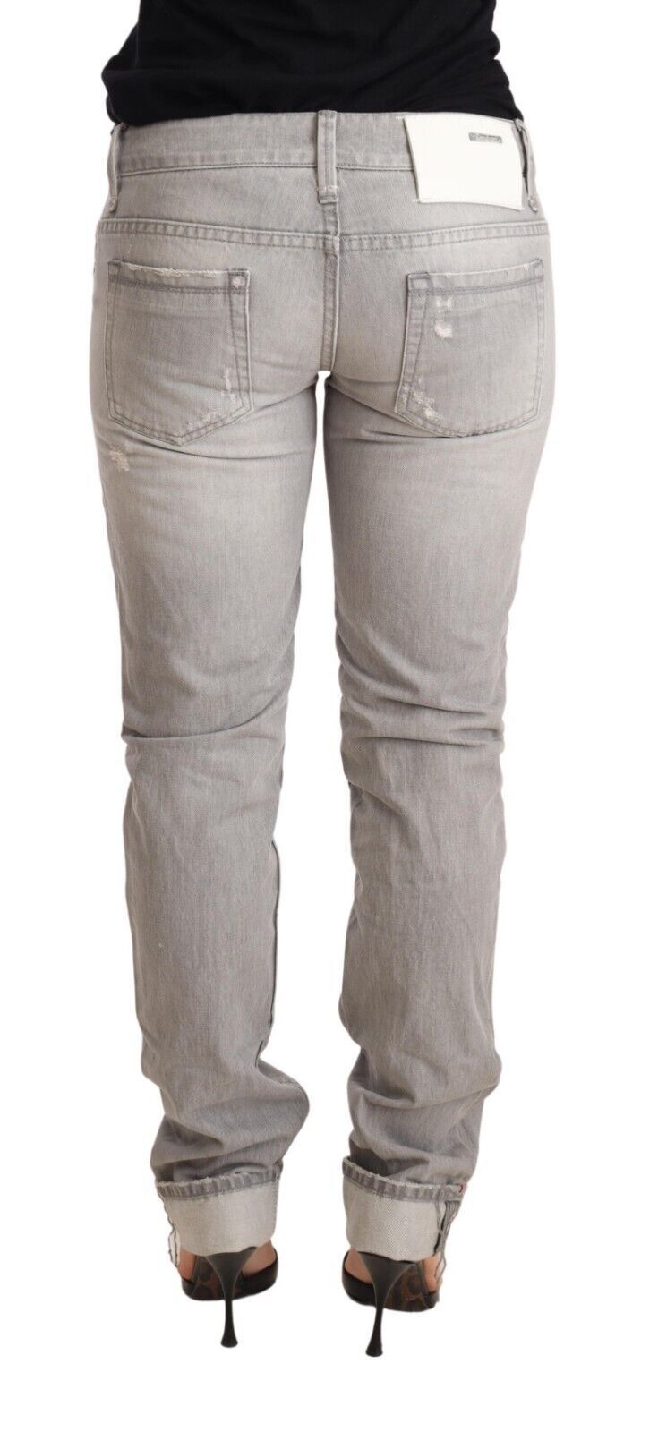 Acht Gray Tattered Cotton Slim Fit Folded Hem Women Denim Jeans | Regal Royce
