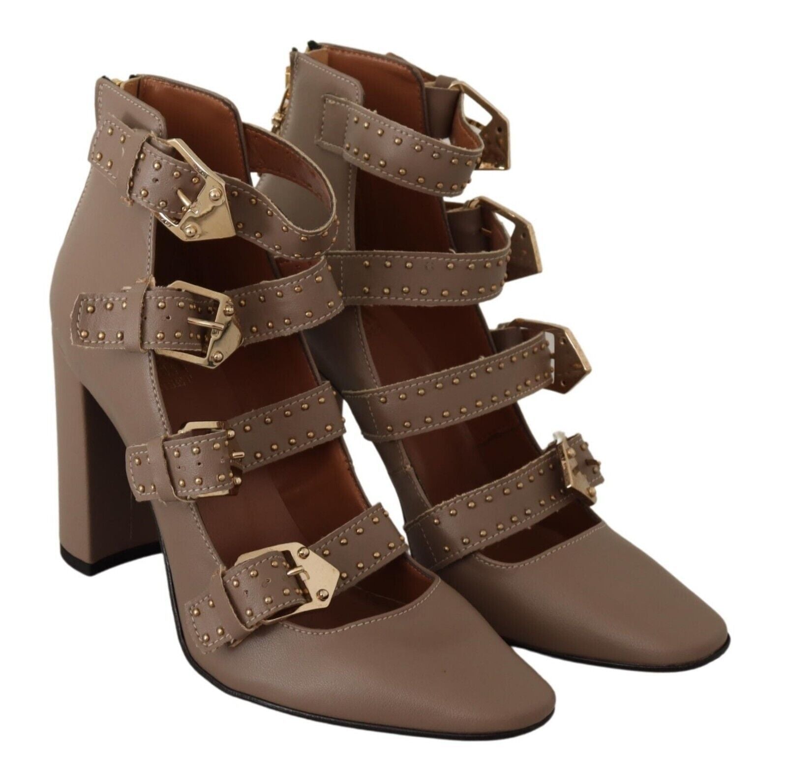 MY TWIN Brown Leather Block Heels Multi Buckle Pumps Shoes | Regal Royce