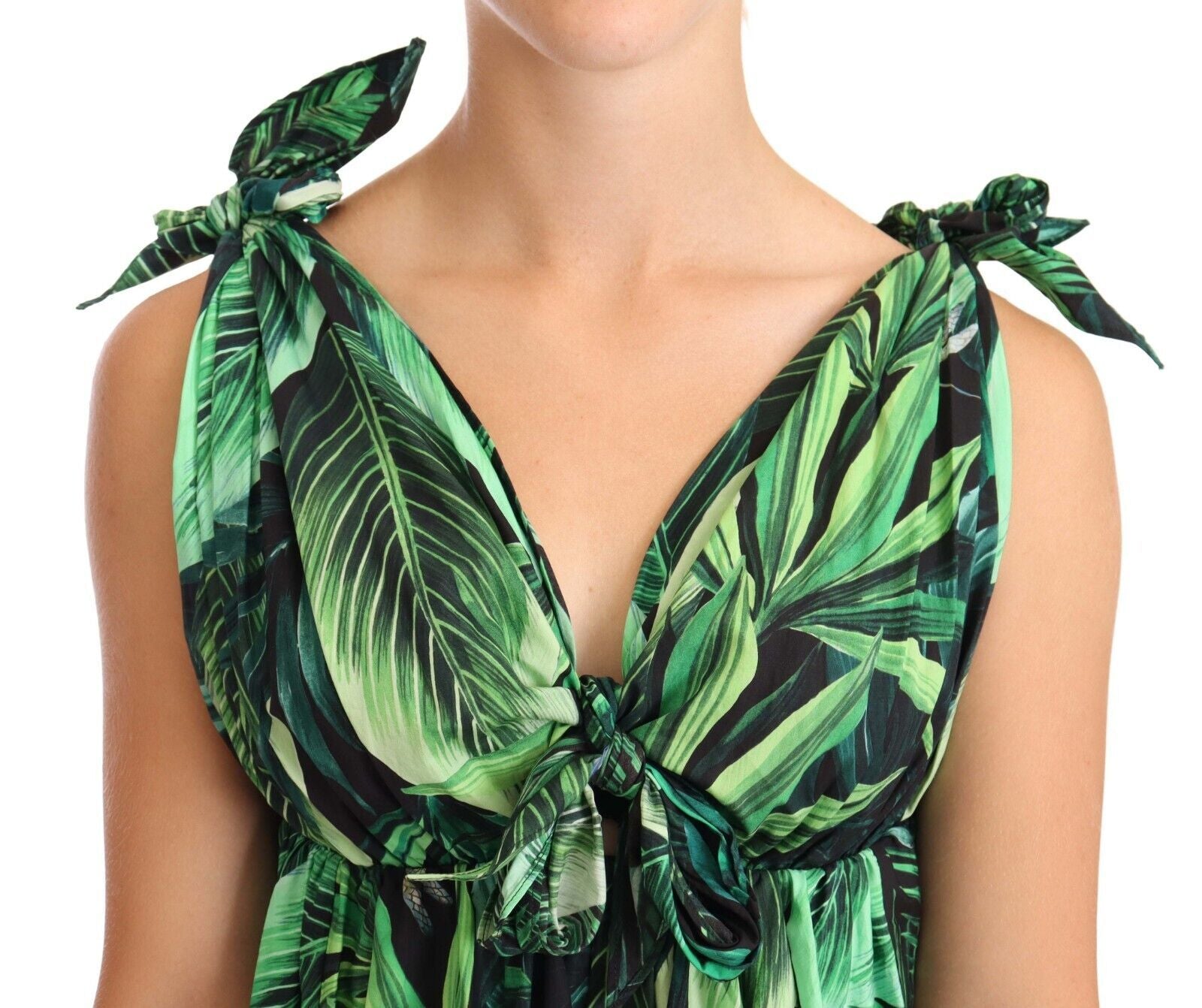 Dolce & Gabbana Green Leaves Print Cotton Flared Mini Dress | Regal Royce