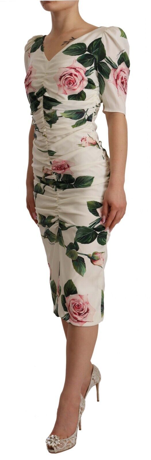 Dolce & Gabbana White Roses Print Stretch Silk Pleated Dress | Regal Royce