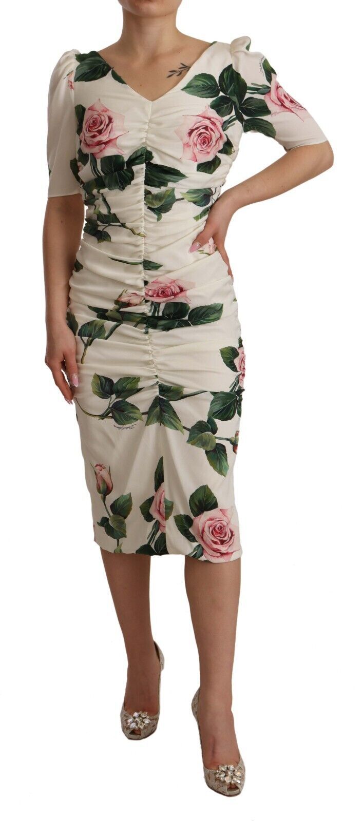 Dolce & Gabbana White Roses Print Stretch Silk Pleated Dress | Regal Royce