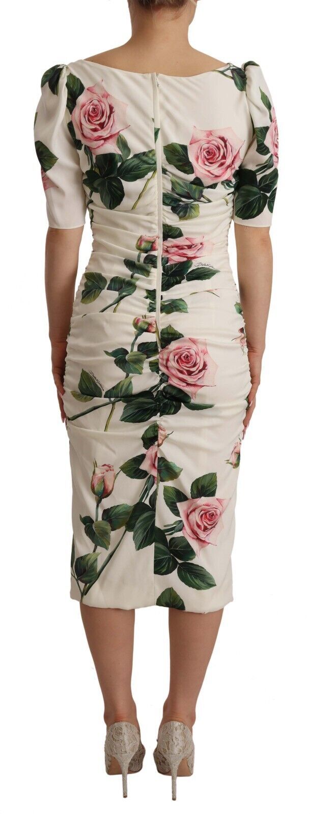 Dolce & Gabbana White Roses Print Stretch Silk Pleated Dress | Regal Royce