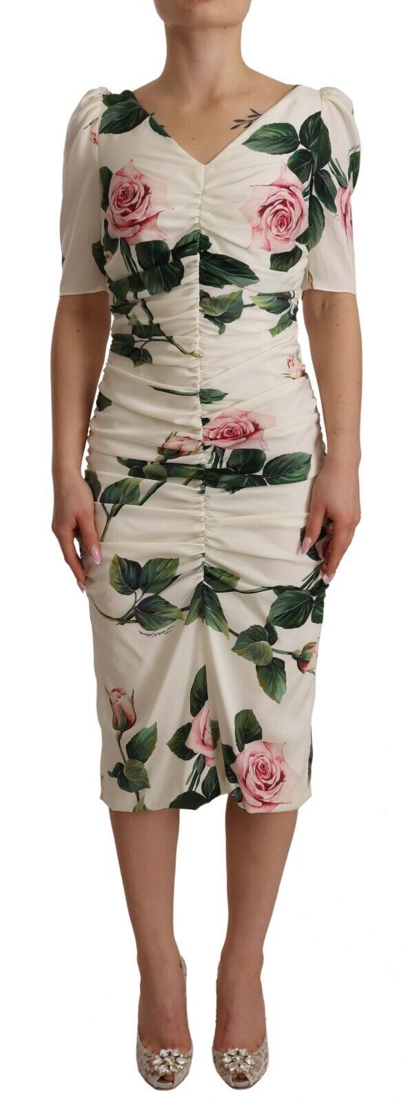 Dolce & Gabbana White Roses Print Stretch Silk Pleated Dress | Regal Royce