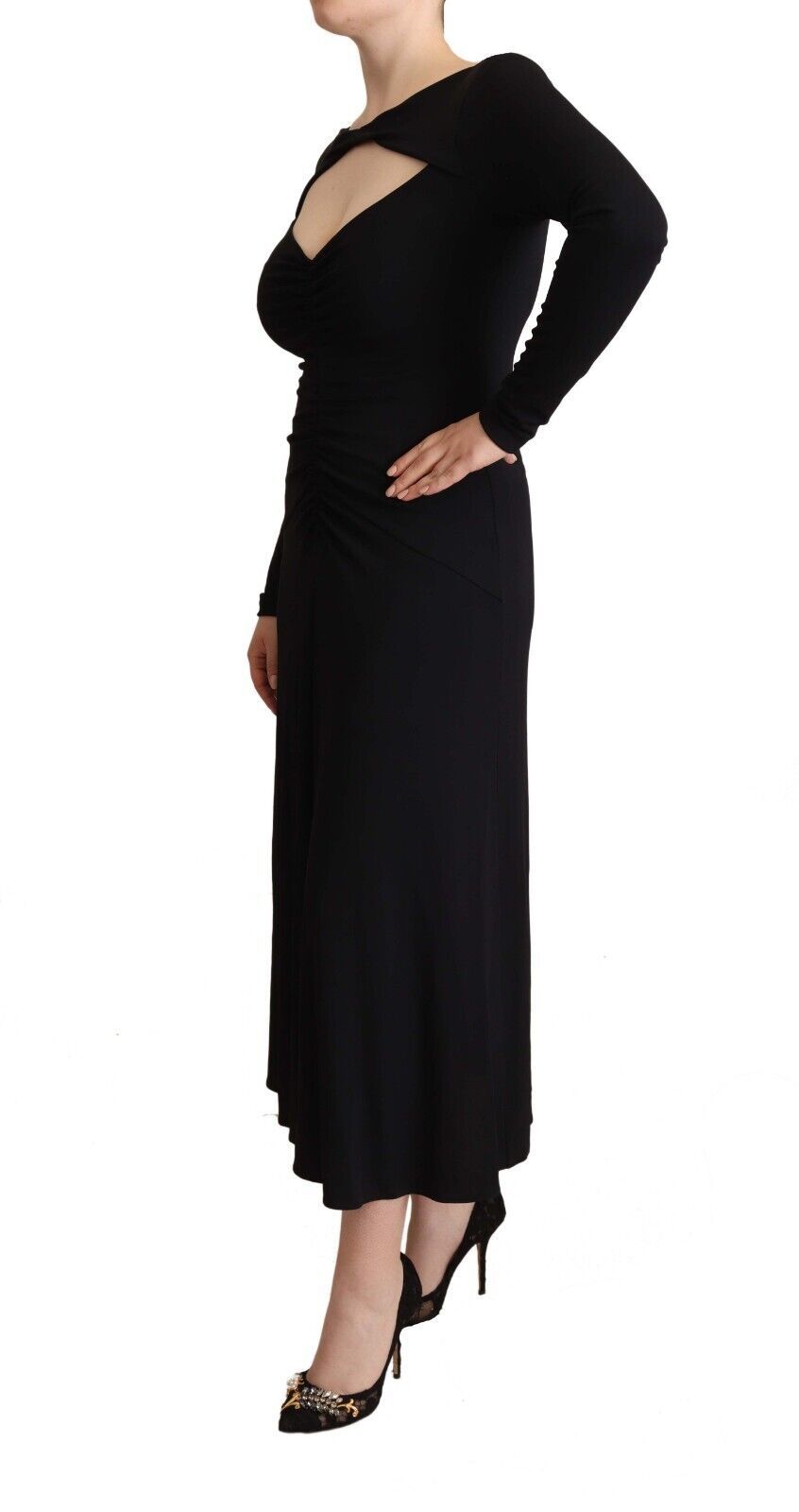 PINKO Black Nylon Stretch Long Sleeves Deep V-neck Maxi Dress | Regal Royce