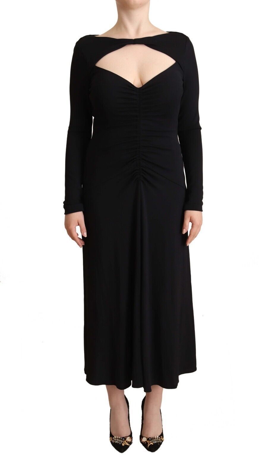 PINKO Black Nylon Stretch Long Sleeves Deep V-neck Maxi Dress | Regal Royce