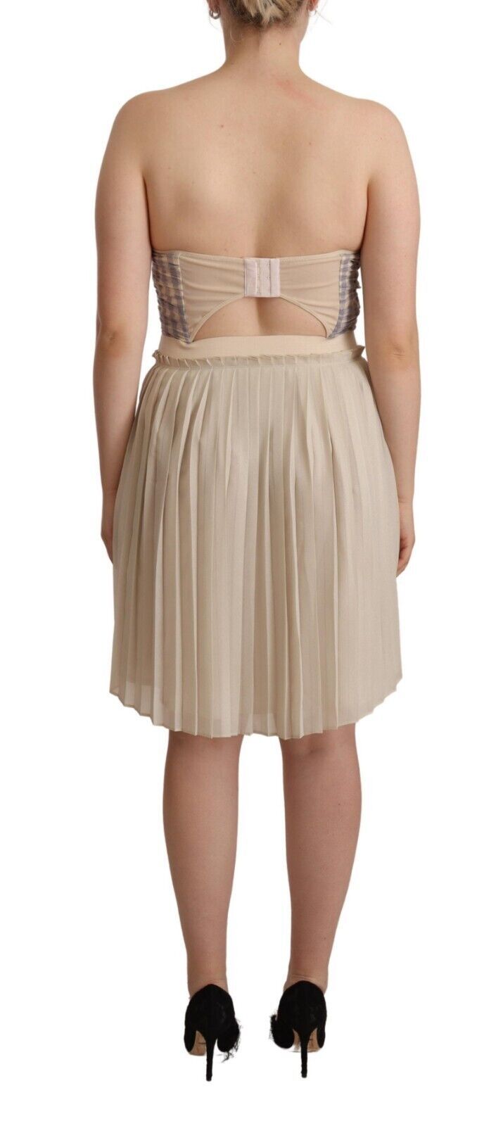 Guess Beige Checkered Pleated A-line Strapless Bustier Dress | Regal Royce
