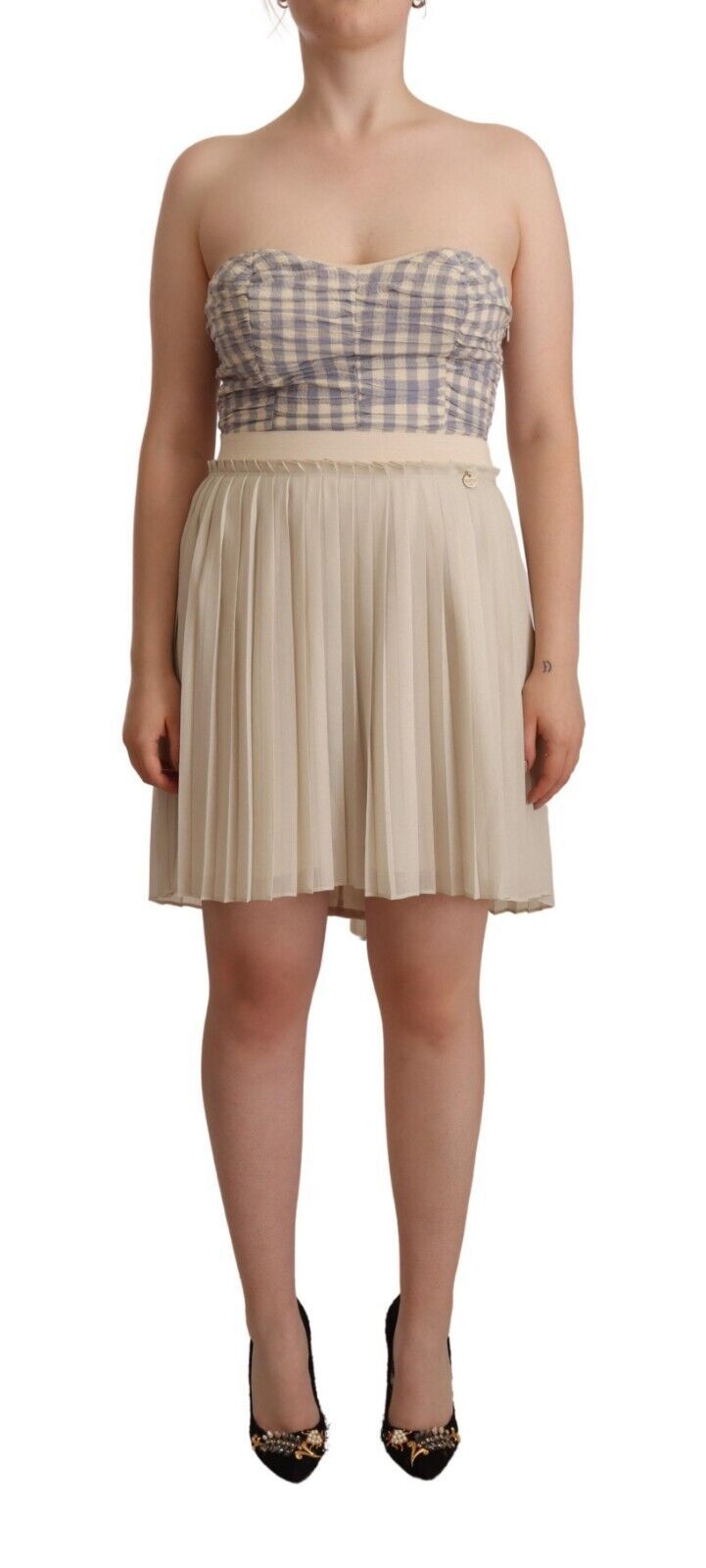 Guess Beige Checkered Pleated A-line Strapless Bustier Dress | Regal Royce