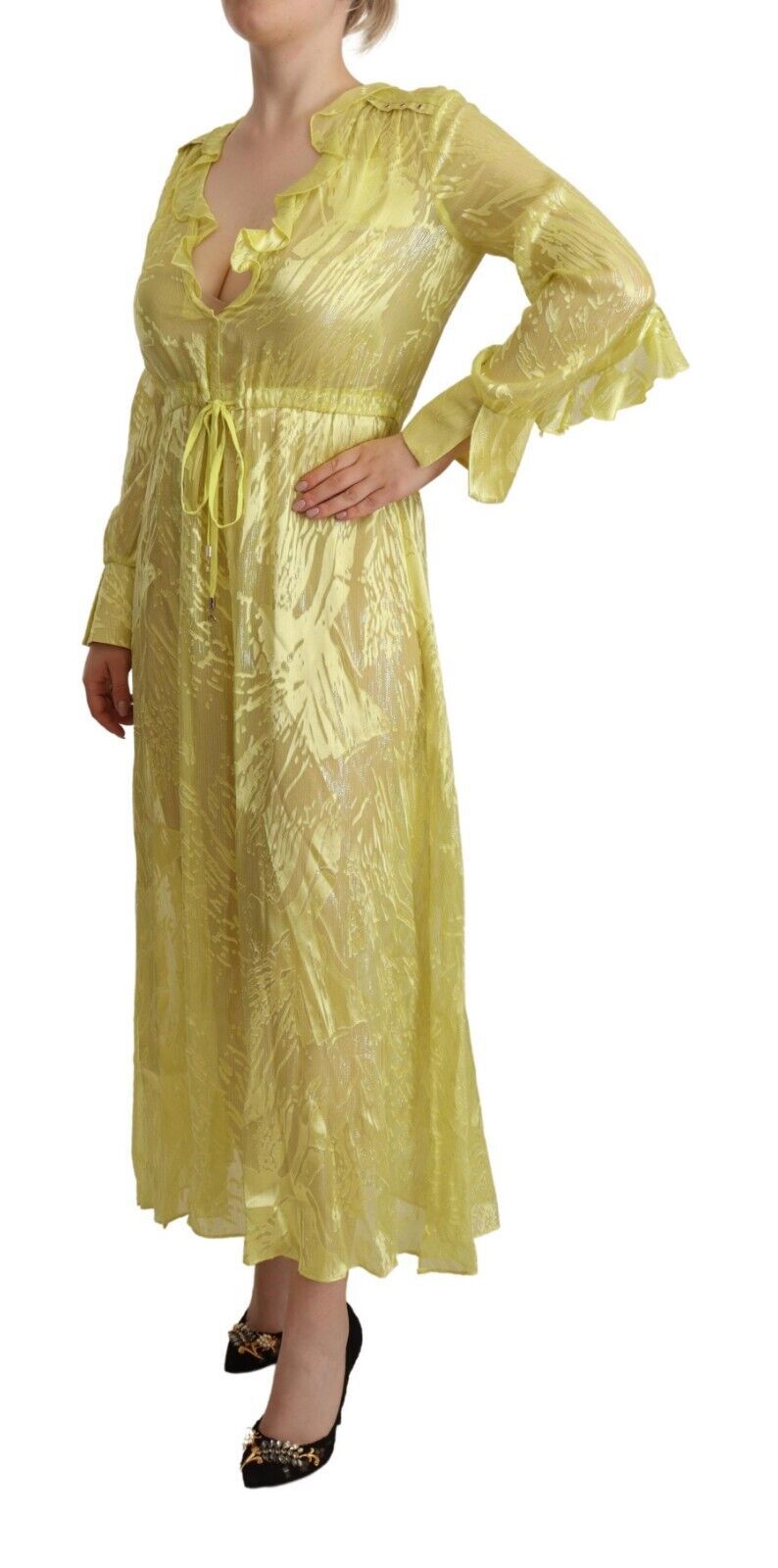 Patrizia Pepe Yellow Silk Long Sleeves Plunging Maxi Dress | Regal Royce