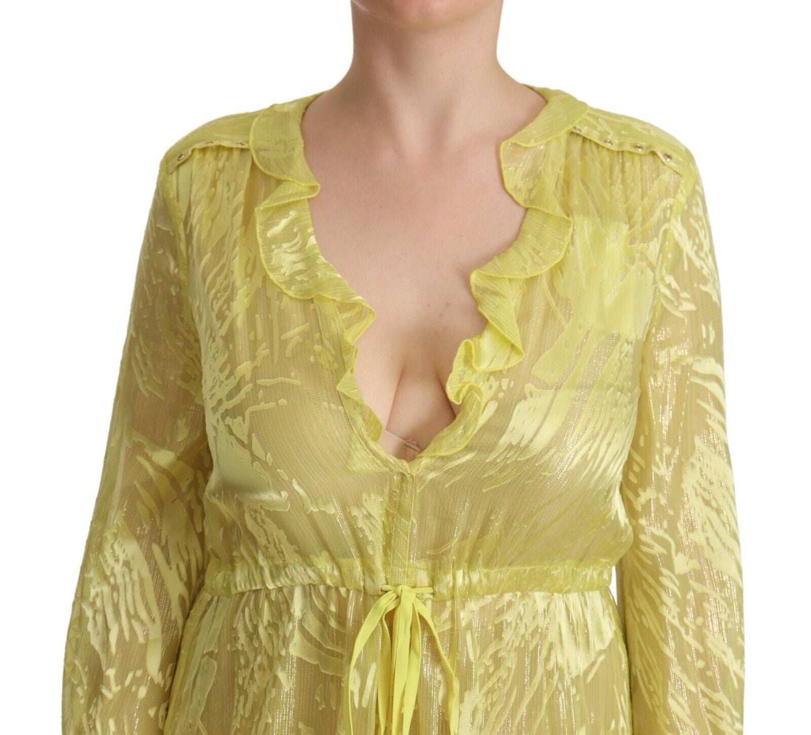 Patrizia Pepe Yellow Silk Long Sleeves Plunging Maxi Dress | Regal Royce