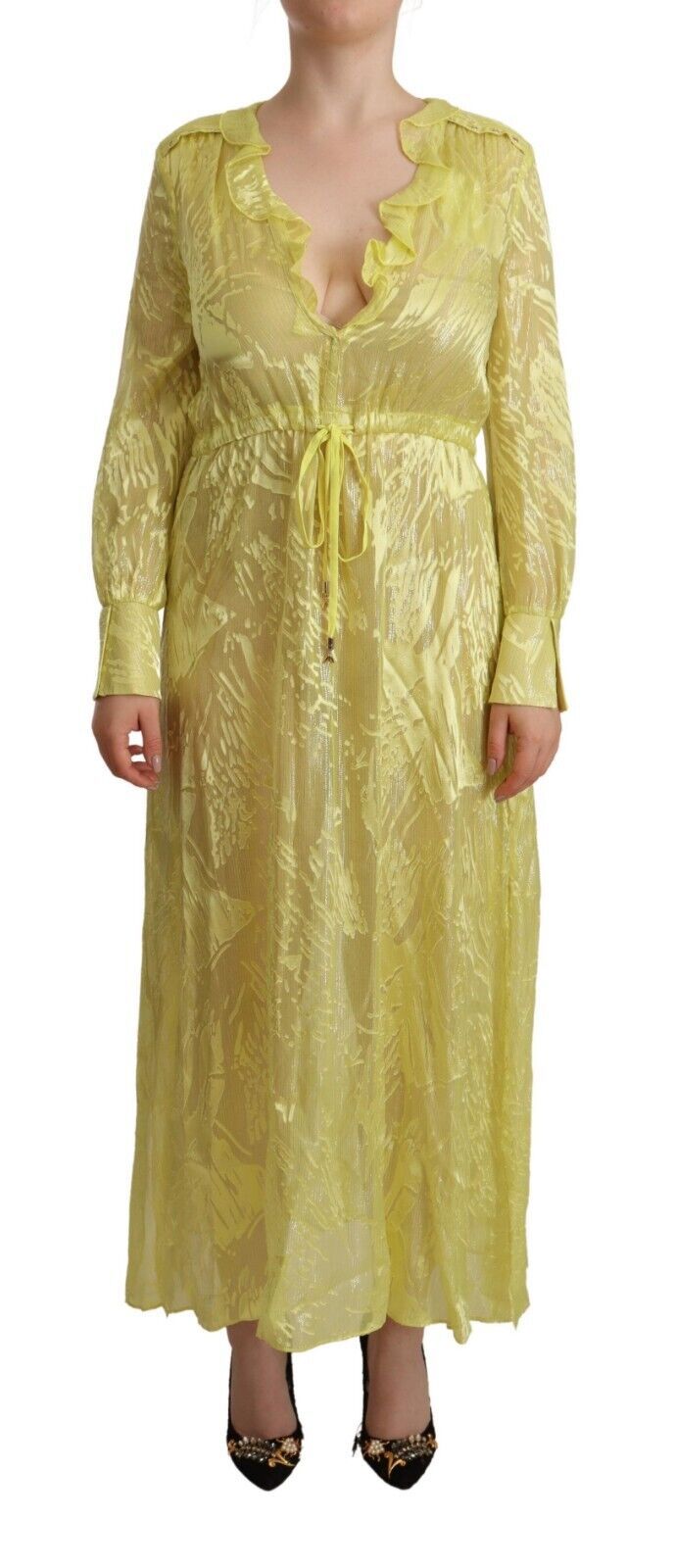 Patrizia Pepe Yellow Silk Long Sleeves Plunging Maxi Dress | Regal Royce