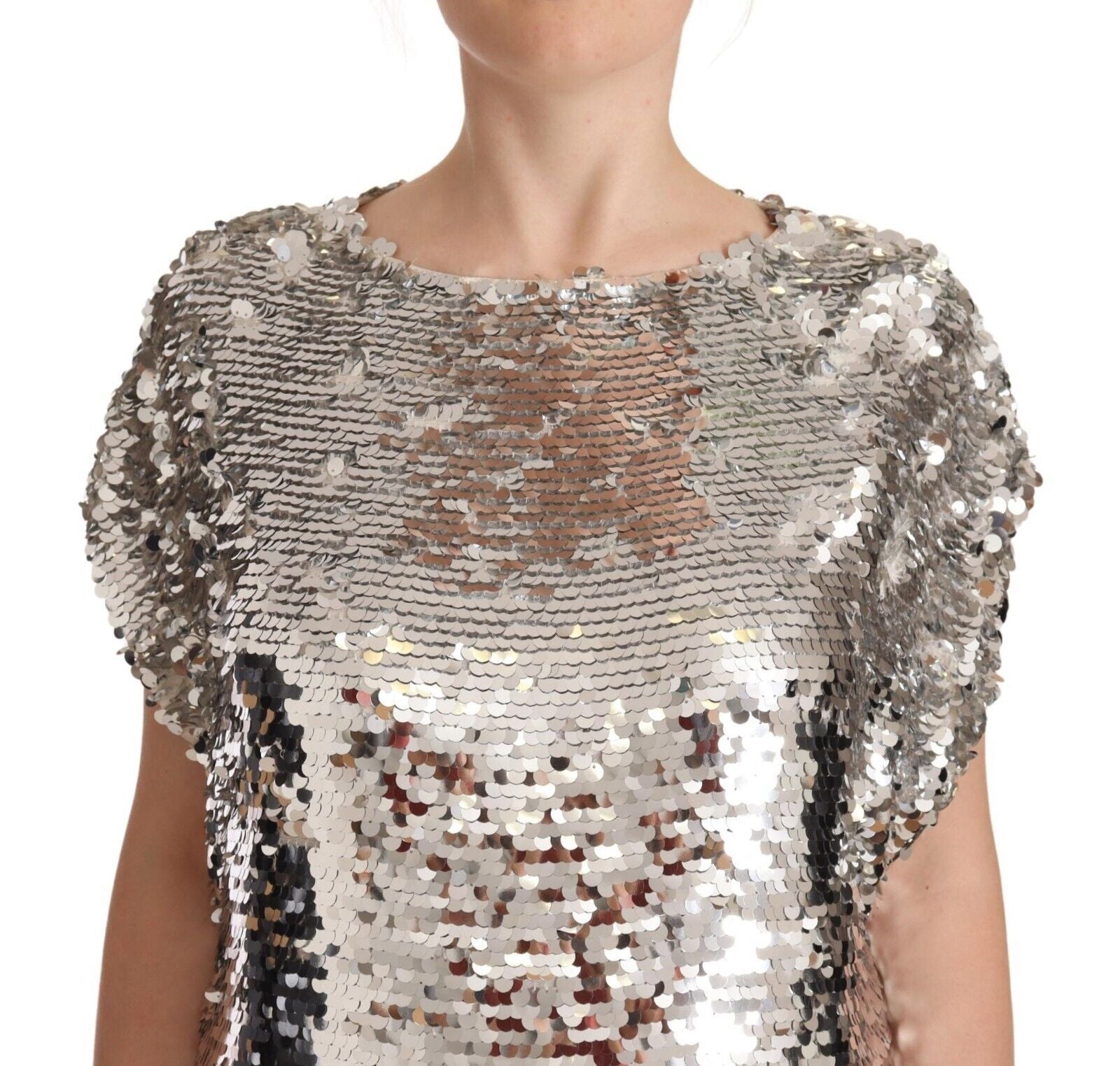 MSGM Silver Sequined Polyester Short Sleeves Shift Mini Dress | Regal Royce