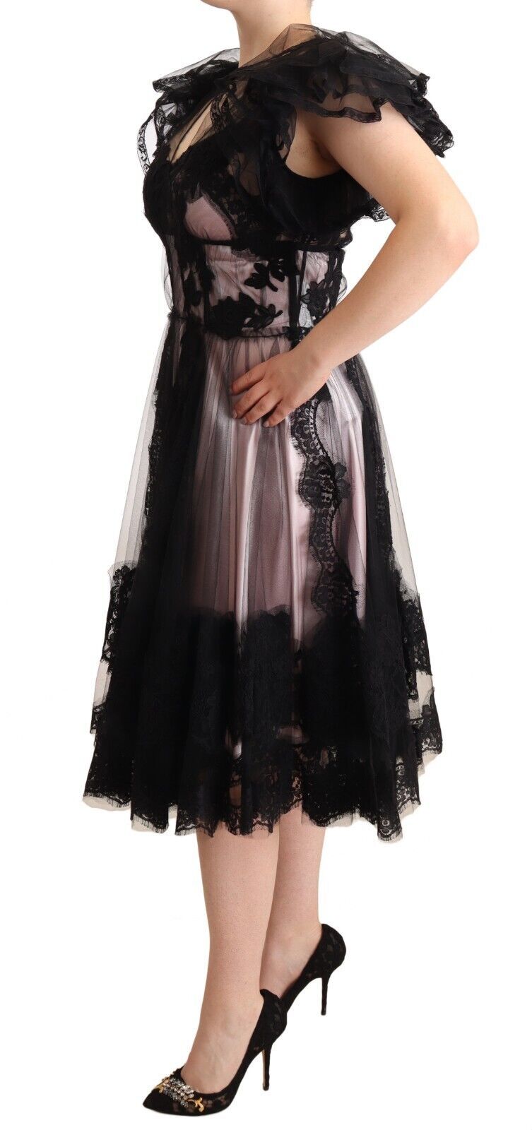 Dolce & Gabbana Black Pink Floral Lace A-line Midi Sheer Dress | Regal Royce
