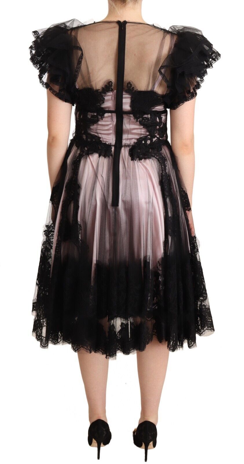 Dolce & Gabbana Black Pink Floral Lace A-line Midi Sheer Dress | Regal Royce