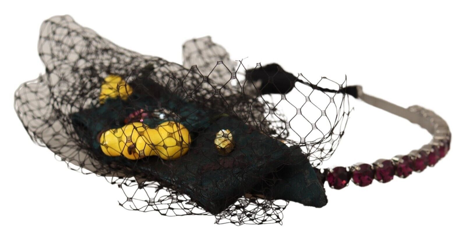 Dolce & Gabbana Silver Tiara Crystals Fruits Black Mesh Diadem Headband | Regal Royce