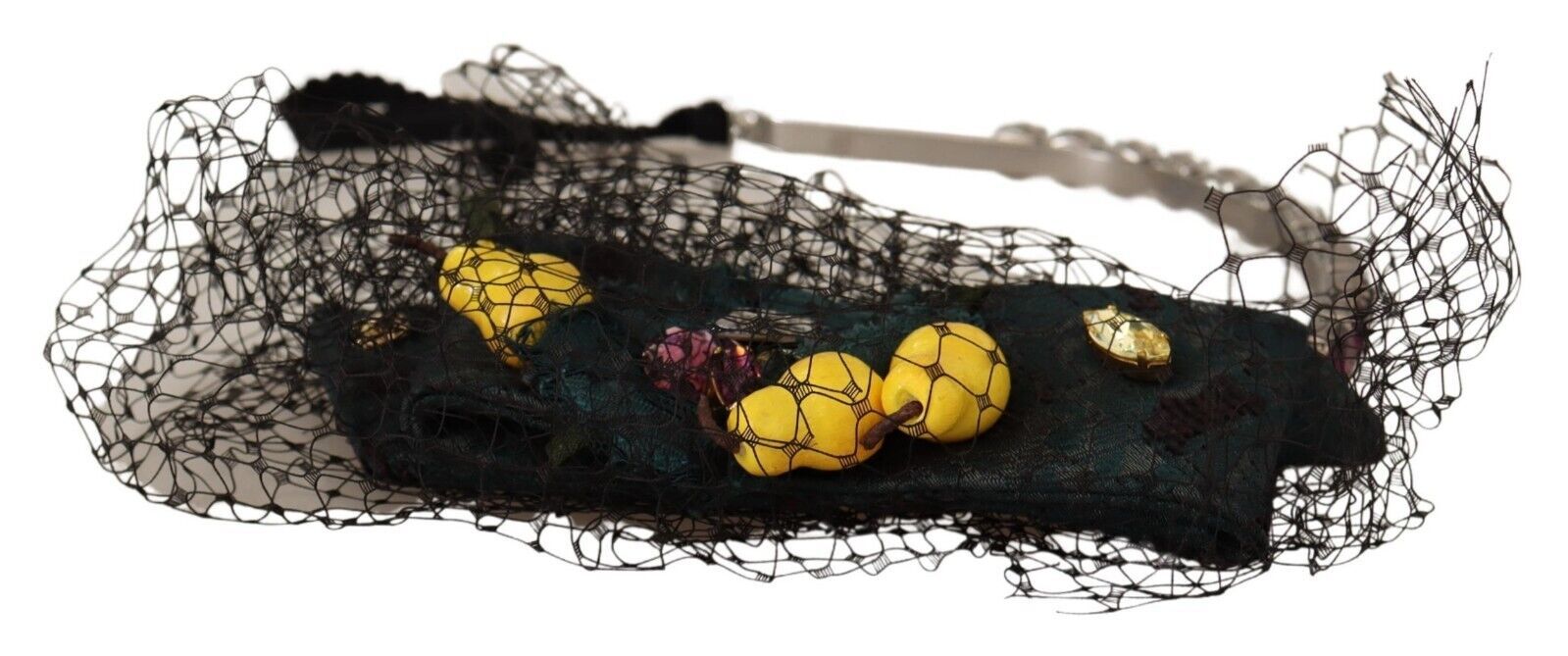 Dolce & Gabbana Silver Tiara Crystals Fruits Black Mesh Diadem Headband | Regal Royce