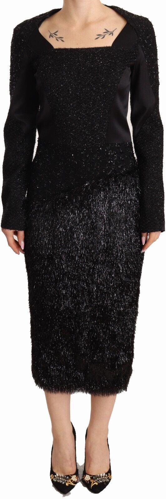 Masha Ma Black Studs Embellished Long Sleeves Sheath Midi Dress | Regal Royce