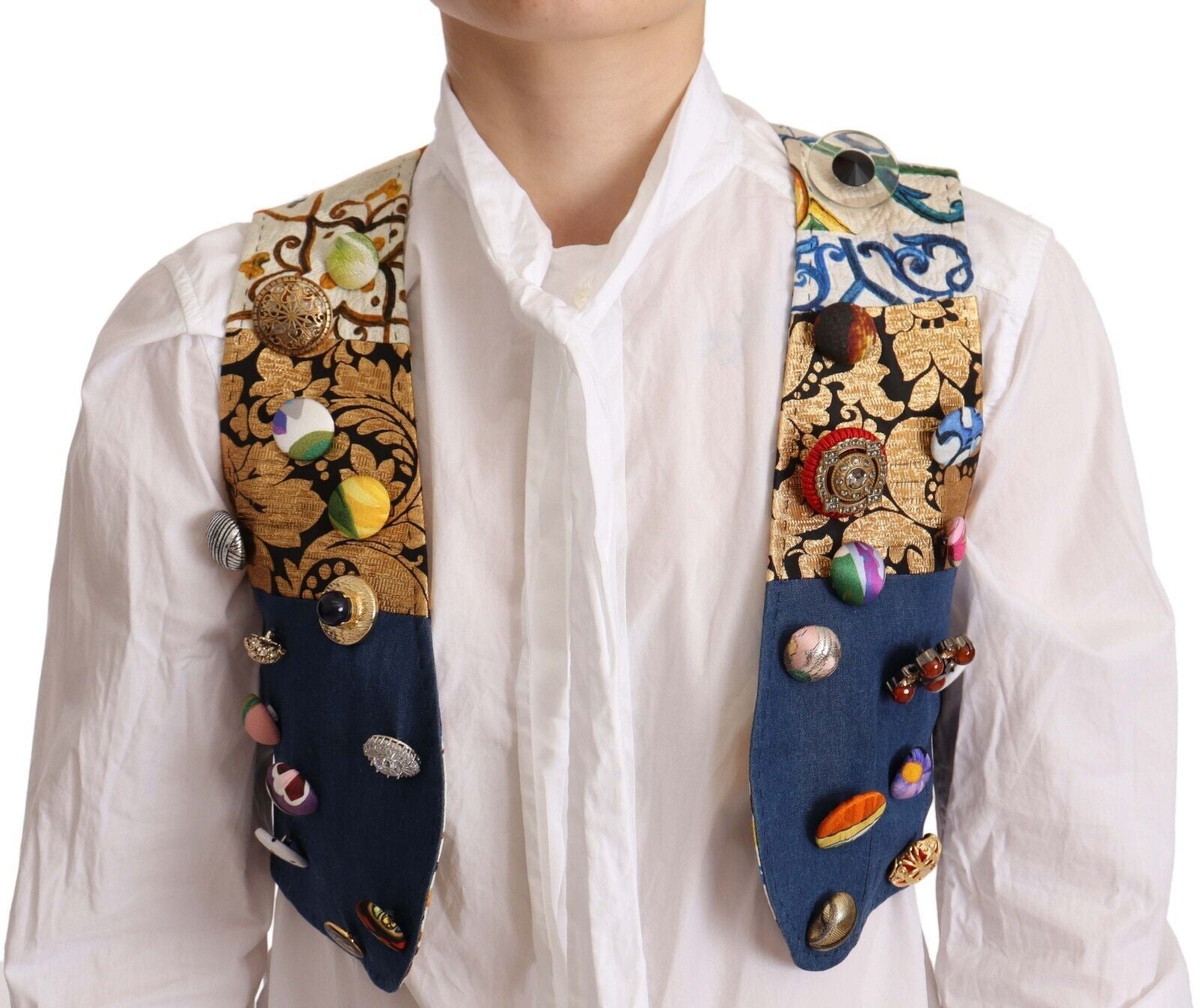 Dolce & Gabbana Multicolor Embellished Waist Coat Cotton Top | Regal Royce