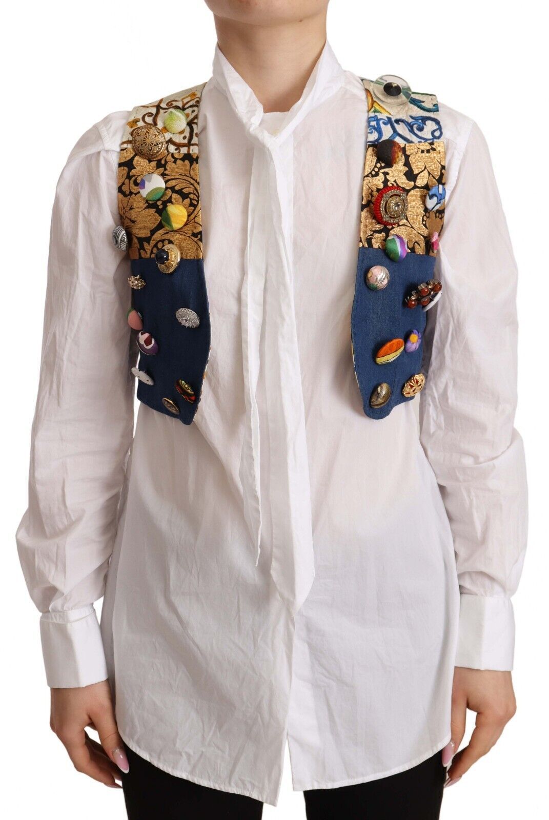 Dolce & Gabbana Multicolor Embellished Waist Coat Cotton Top | Regal Royce