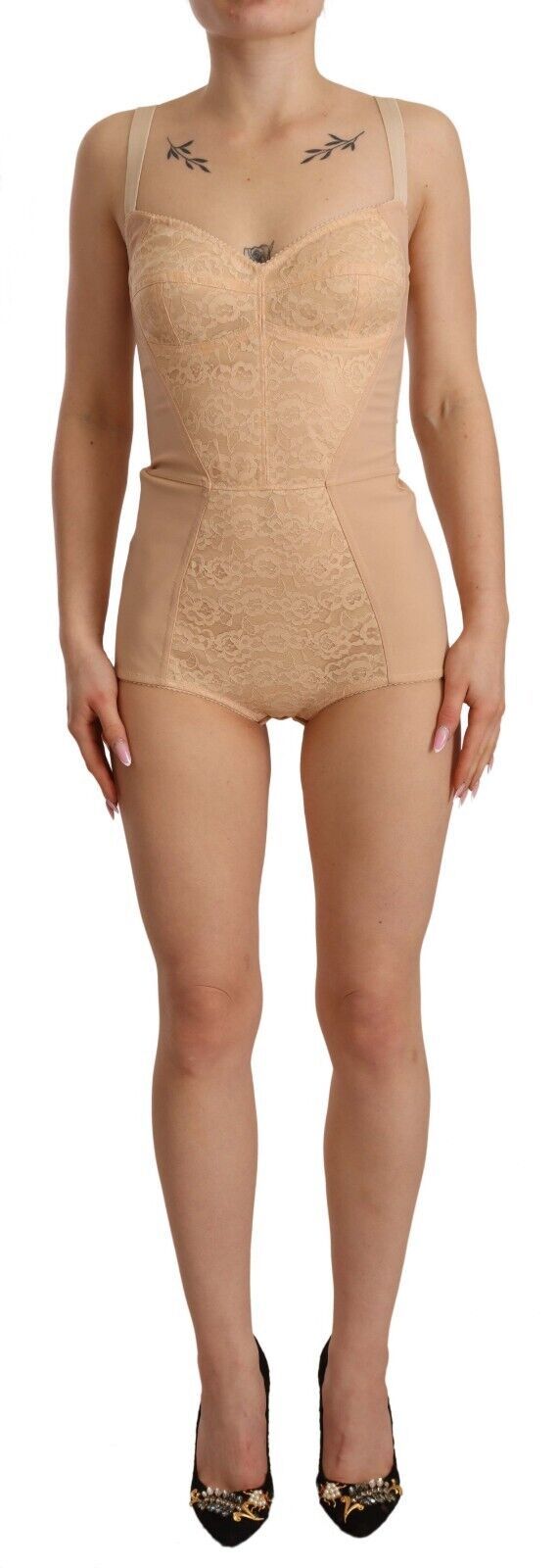 Dolce & Gabbana Beige Nylon Floral Lace Bodysuit Underwear | Regal Royce