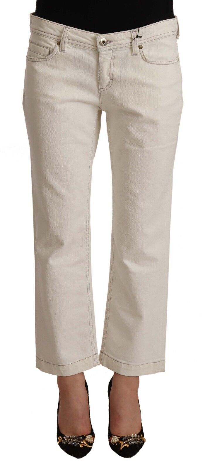 Dolce & Gabbana Off White Cotton Flared Cropped Denim Jeans | Regal Royce