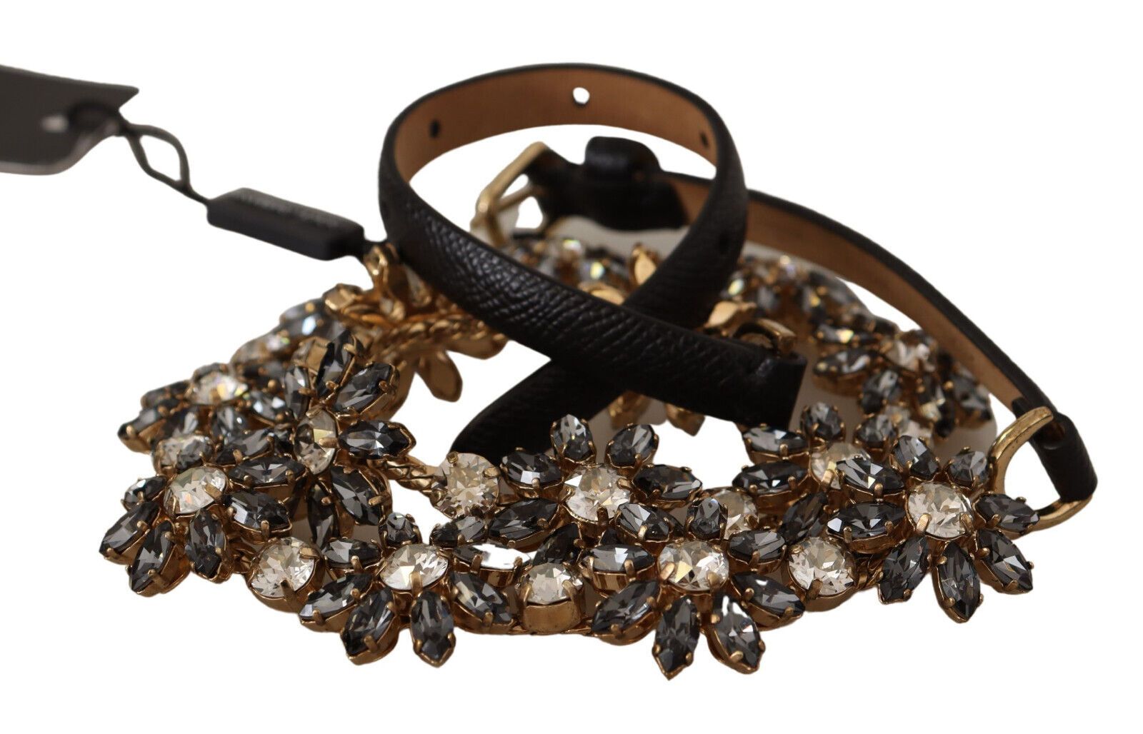 Dolce & Gabbana Black Daisy Crystal Dauphine Texture Belt | Regal Royce