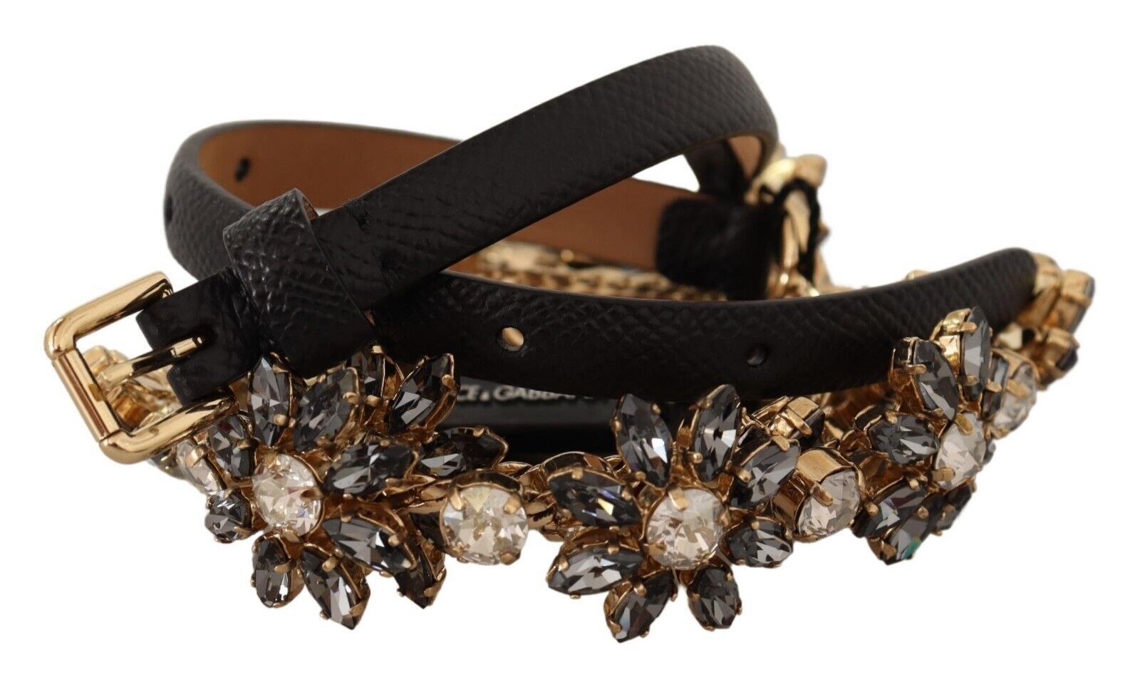 Dolce & Gabbana Black Daisy Crystal Dauphine Texture Belt | Regal Royce