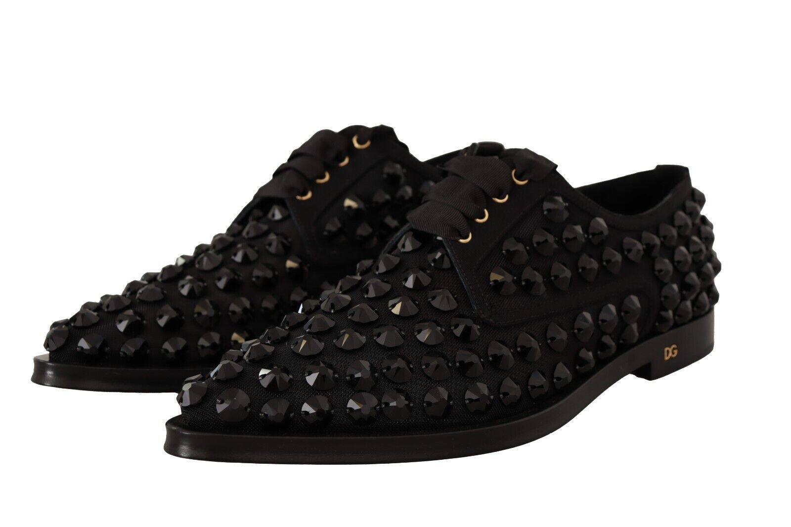Dolce & Gabbana Black Lace Up Studded Formal Flats Shoes | Regal Royce
