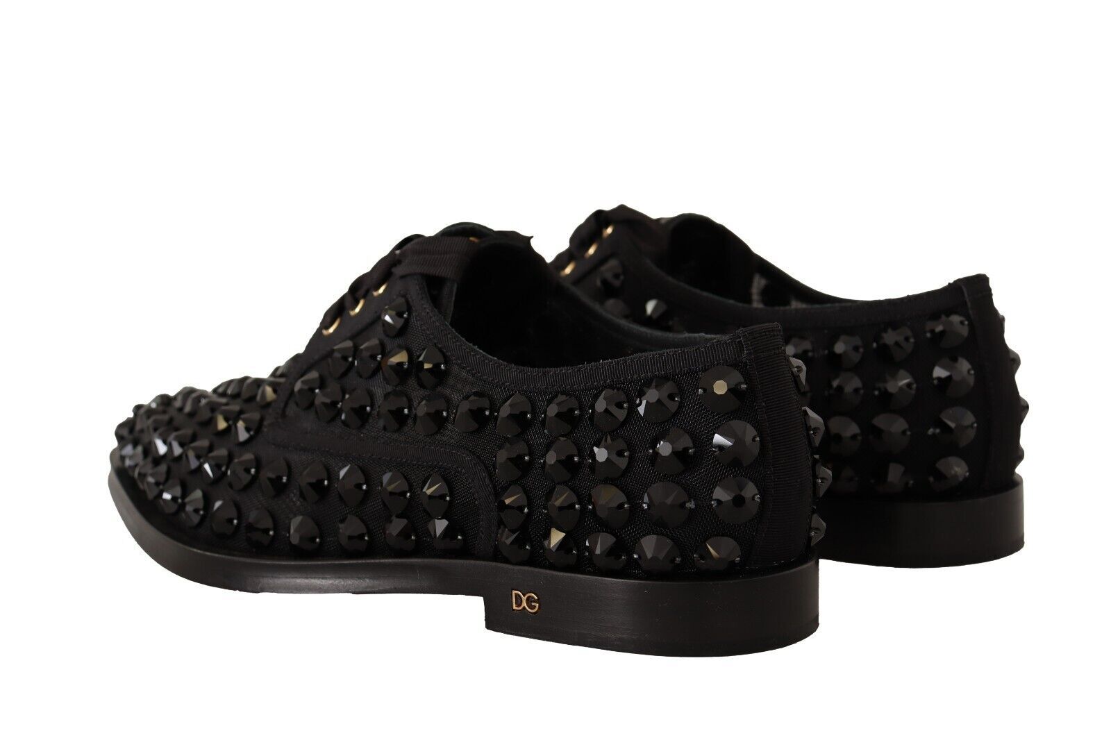 Dolce & Gabbana Black Lace Up Studded Formal Flats Shoes | Regal Royce