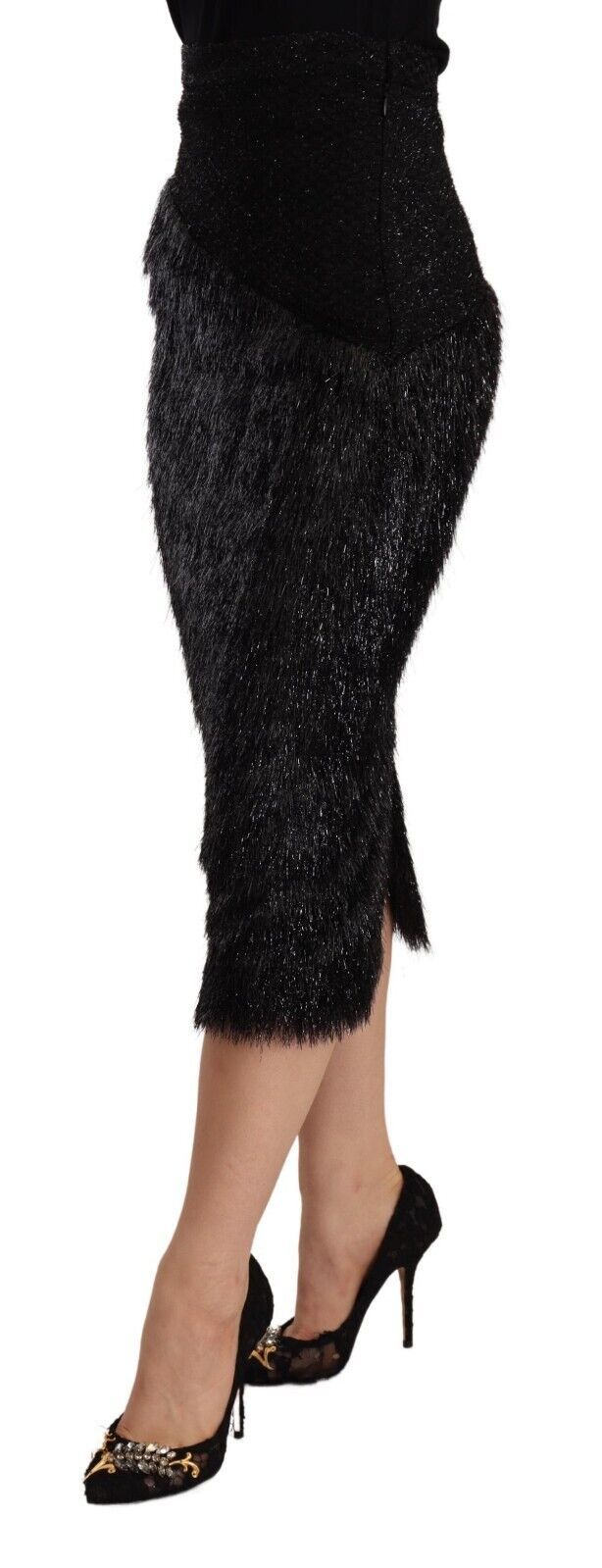 Masha Ma Black Tinsel High Waist Pencil Midi Viscose Skirt | Regal Royce