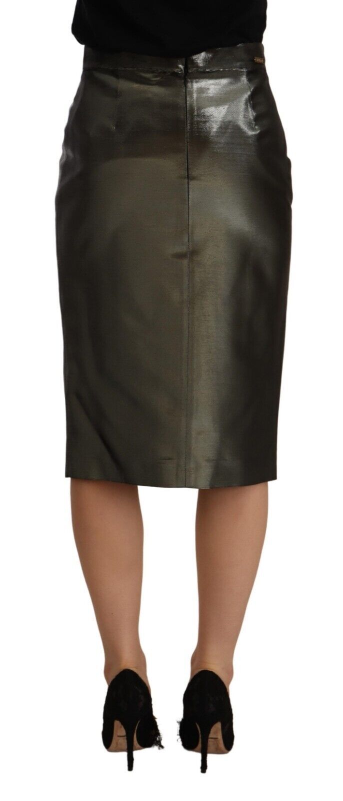 GF Ferre Metallic Gray High Waist Pencil Midi Skirt | Regal Royce
