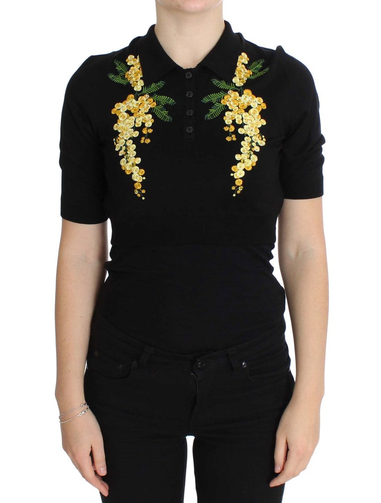 Dolce & Gabbana Black Silk Floral Embroidered Polo Top | Regal Royce