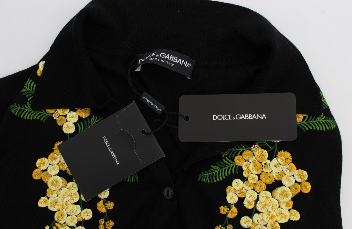 Dolce & Gabbana Black Silk Floral Embroidered Polo Top | Regal Royce