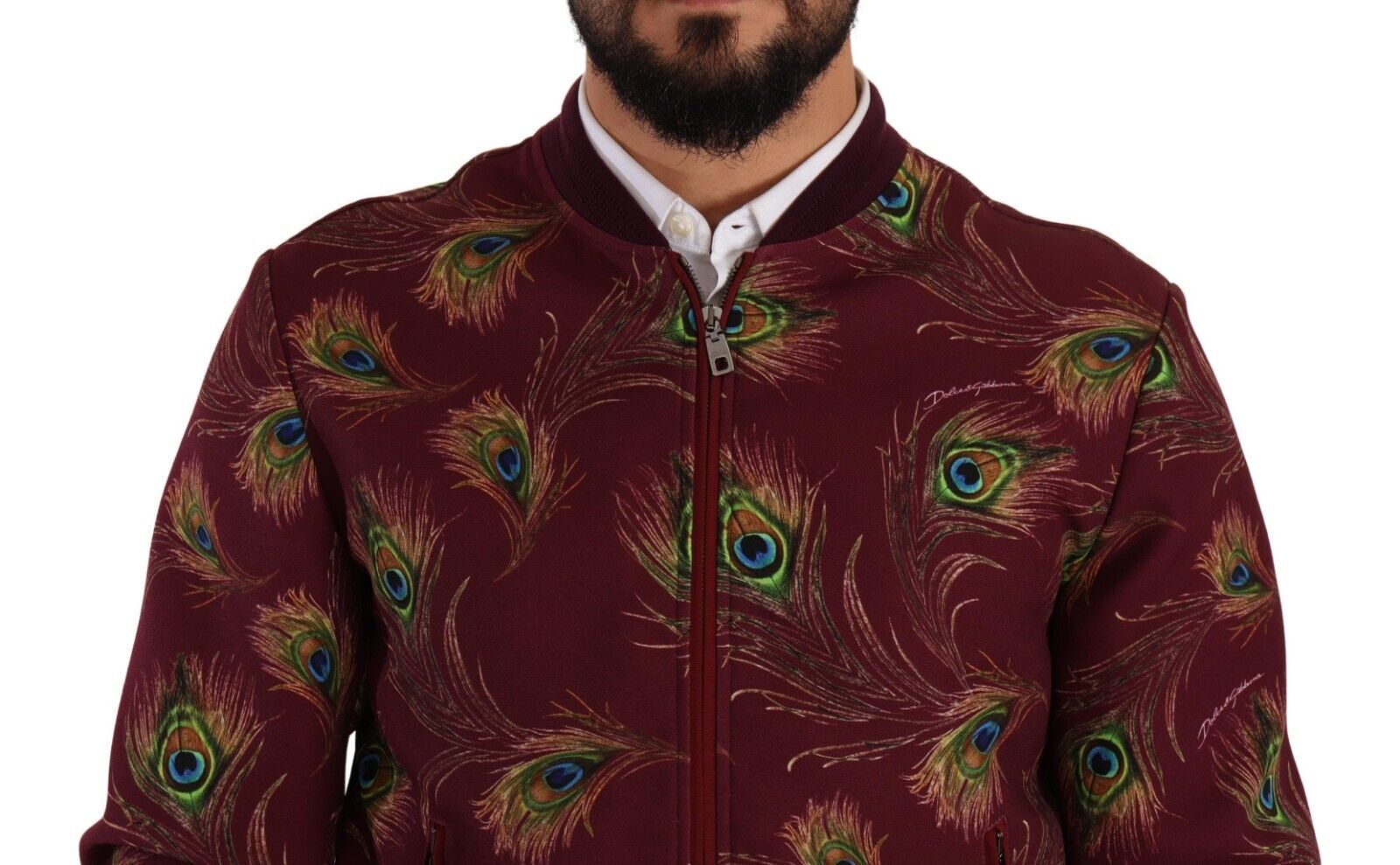 Dolce & Gabbana Red Peacock Polyester Stretch Full Zip Jacket | Regal Royce