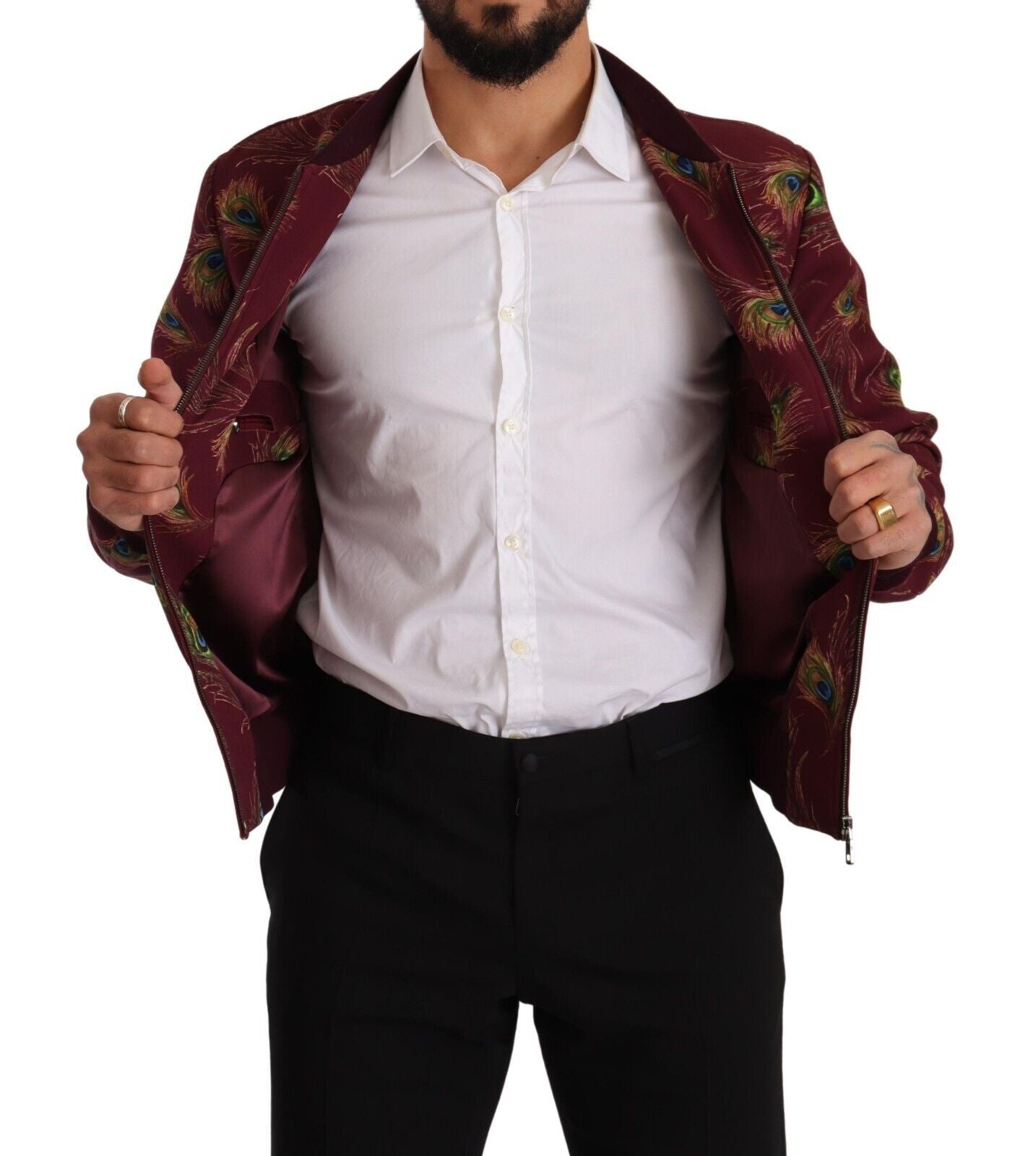Dolce & Gabbana Red Peacock Polyester Stretch Full Zip Jacket | Regal Royce