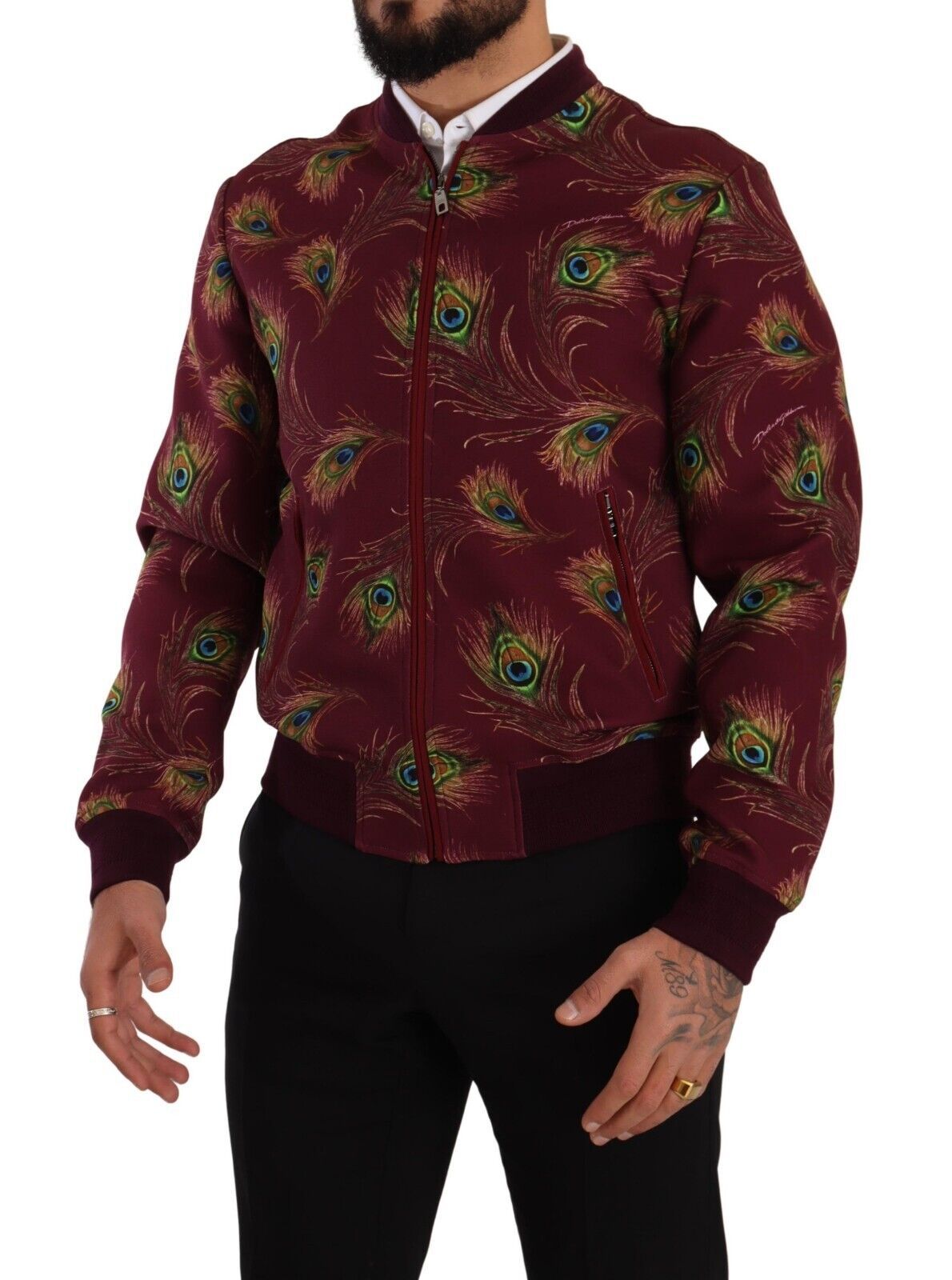 Dolce & Gabbana Red Peacock Polyester Stretch Full Zip Jacket | Regal Royce