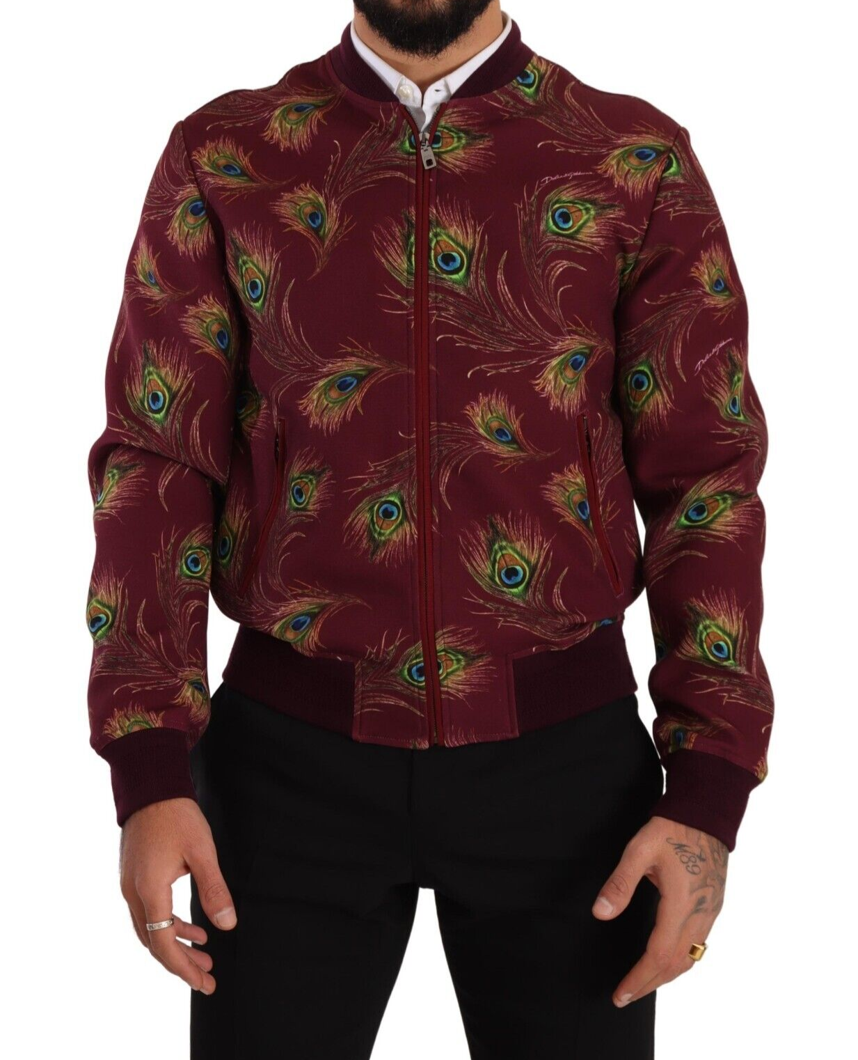 Dolce & Gabbana Red Peacock Polyester Stretch Full Zip Jacket | Regal Royce