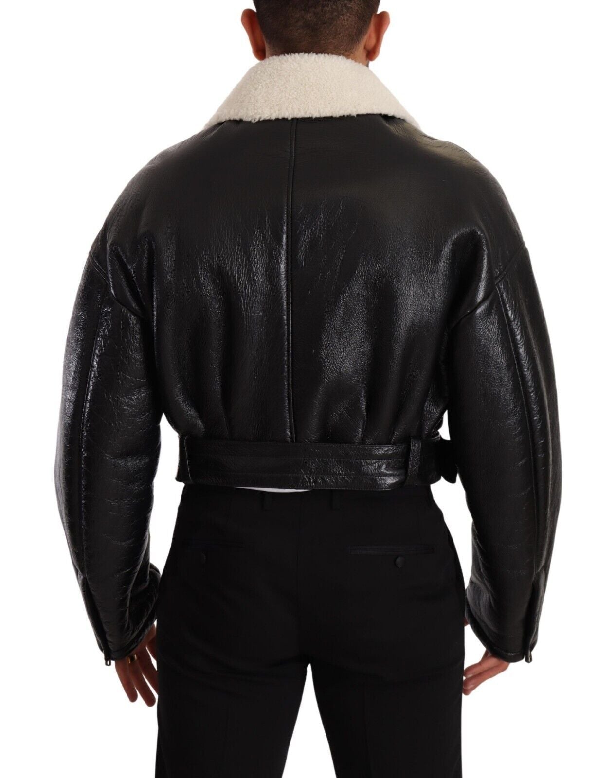 Dolce & Gabbana Black Leather Shearling Biker Coat Jacket | Regal Royce