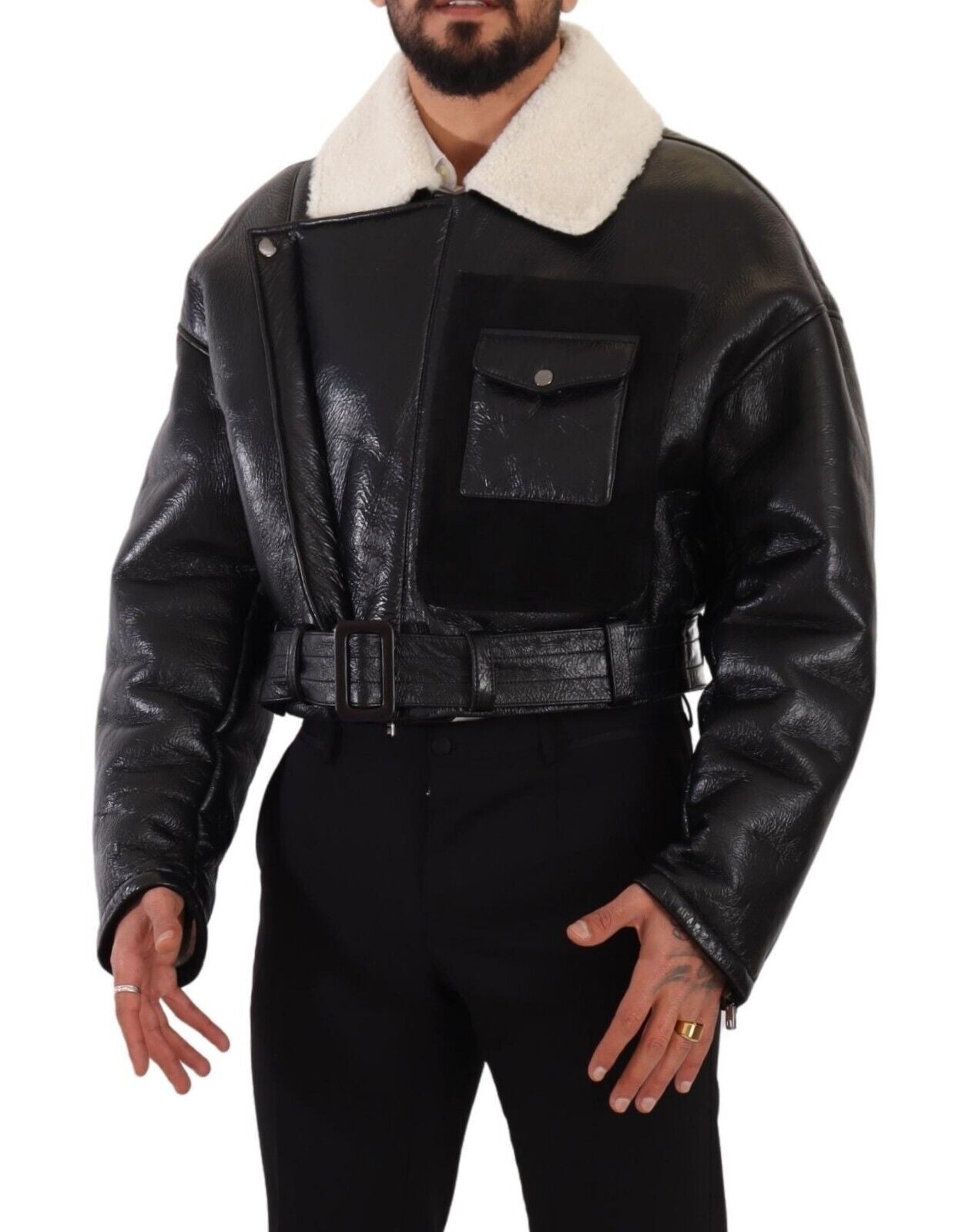 Dolce & Gabbana Black Leather Shearling Biker Coat Jacket | Regal Royce