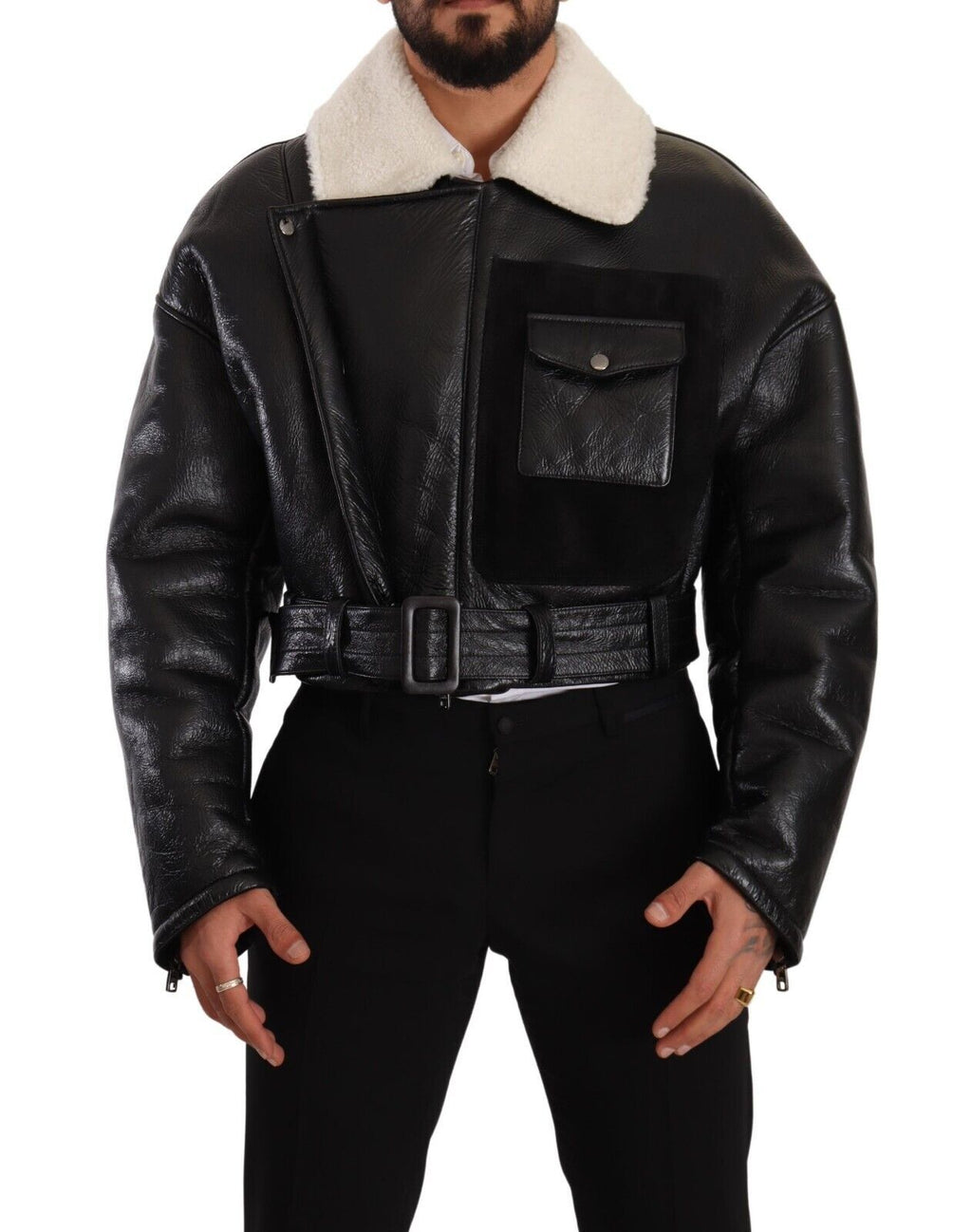 Dolce & Gabbana Black Leather Shearling Biker Coat Jacket