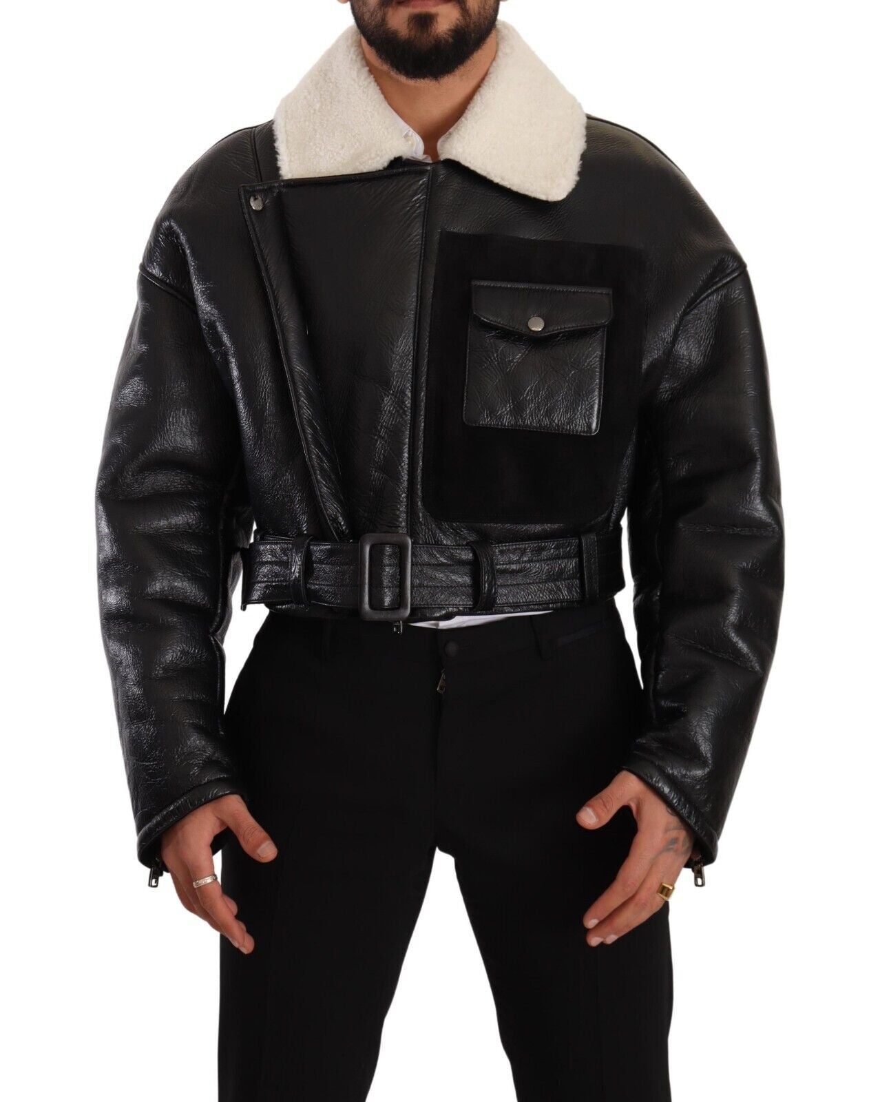 Dolce & Gabbana Black Leather Shearling Biker Coat Jacket | Regal Royce